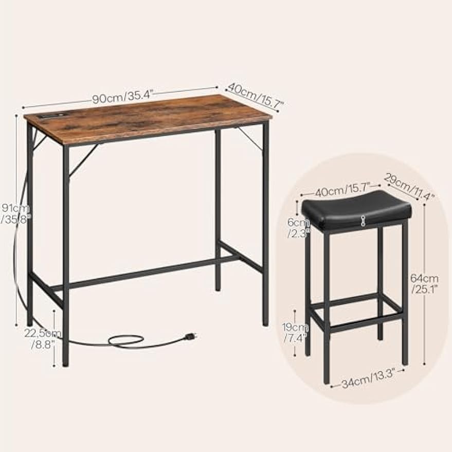 HOOBRO 3-Piece Bar Table and Chairs Set, 39.4" Pub Table, High Top Bar Table with Charging Station, 3-Piece Dining Table Kitchen Breakfast Table Set, for Kitchen, Small Space, Rustic Brown BF10UBT01