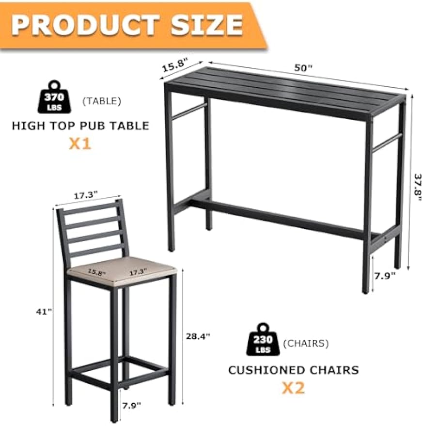 Outdoor Patio Bar Set – 3 PCS High Top Pub Table with 2 Cushioned Chairs, Metal Bar Table and Chairs Set for Balcony, Backyard, or Porch Relaxation