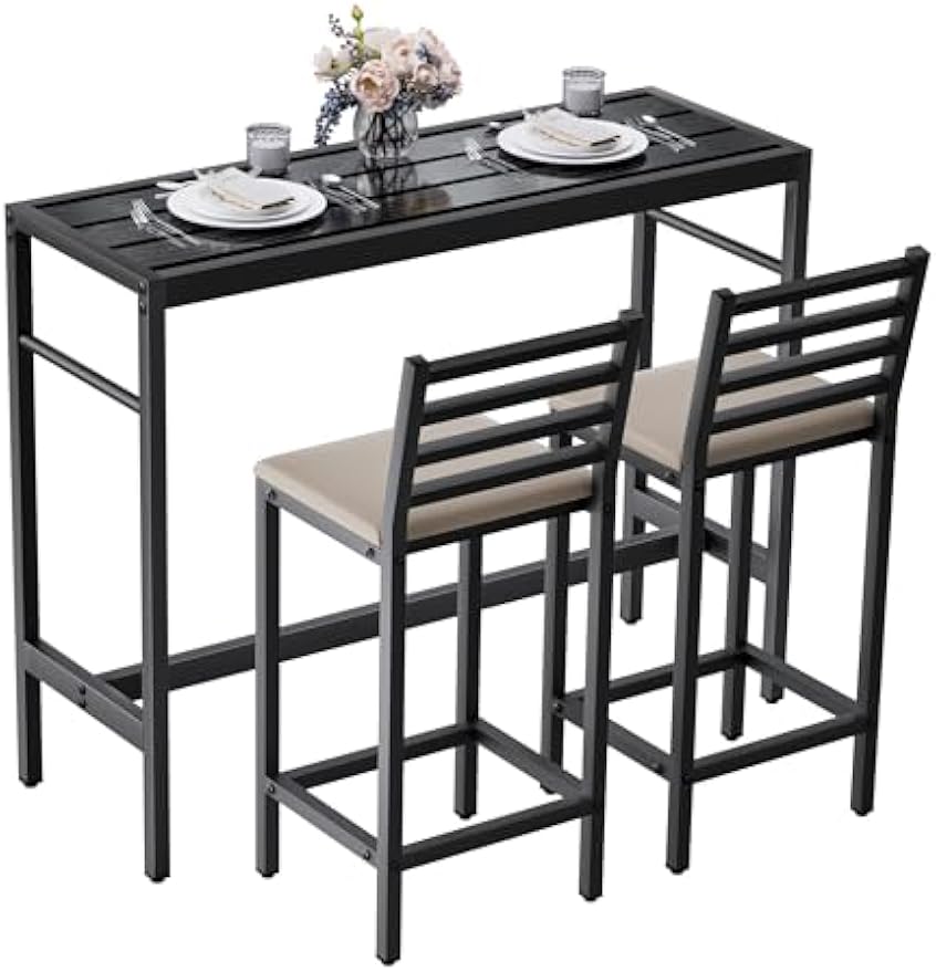 Outdoor Patio Bar Set – 3 PCS High Top Pub Table with 2 Cushioned Chairs, Metal Bar Table and Chairs Set for Balcony, Backyard, or Porch Relaxation