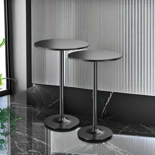 Furmax Bistro Pub Table 2 Pack Round Bar Height Cocktail Table Metal Base MDF Top Obsidian with Black Leg 23.8-Inch Top, 39.5-Inch Height (Black)