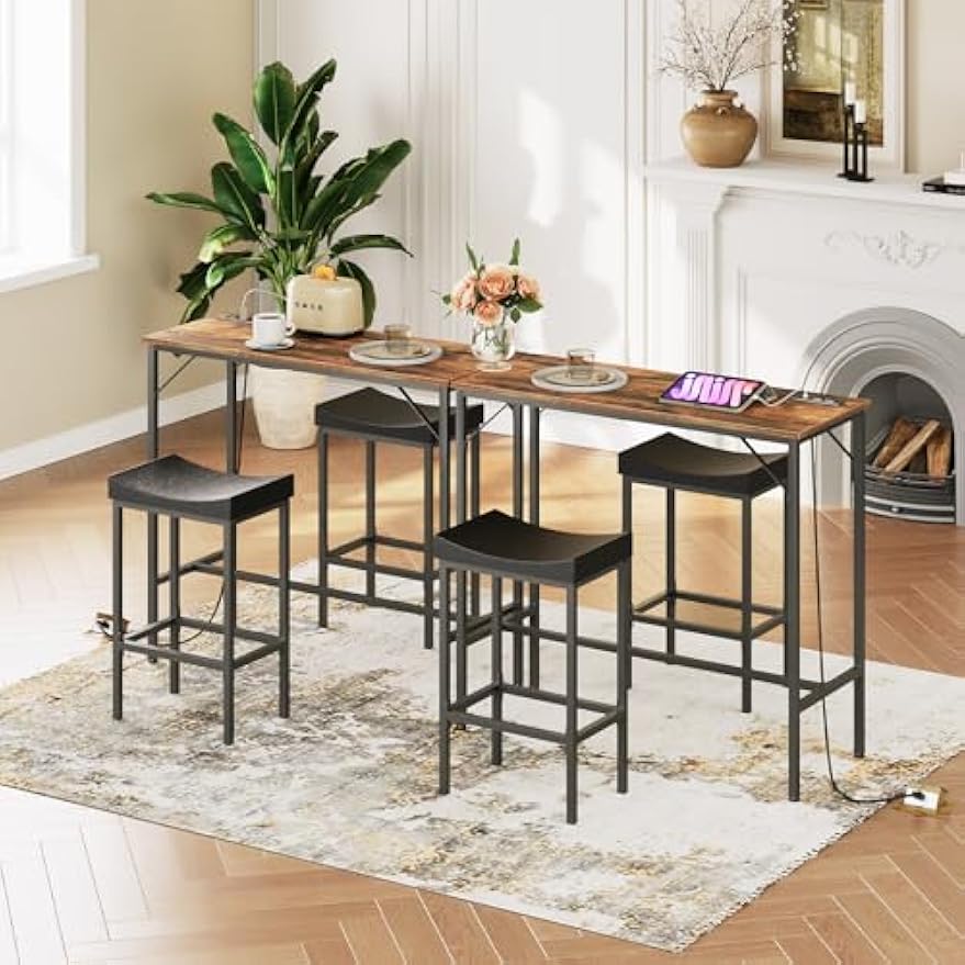HOOBRO 3-Piece Bar Table and Chairs Set, 39.4" Pub Table, High Top Bar Table with Charging Station, 3-Piece Dining Table Kitchen Breakfast Table Set, for Kitchen, Small Space, Rustic Brown BF10UBT01
