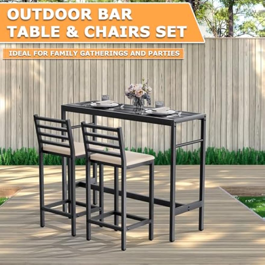 Outdoor Patio Bar Set – 3 PCS High Top Pub Table with 2 Cushioned Chairs, Metal Bar Table and Chairs Set for Balcony, Backyard, or Porch Relaxation