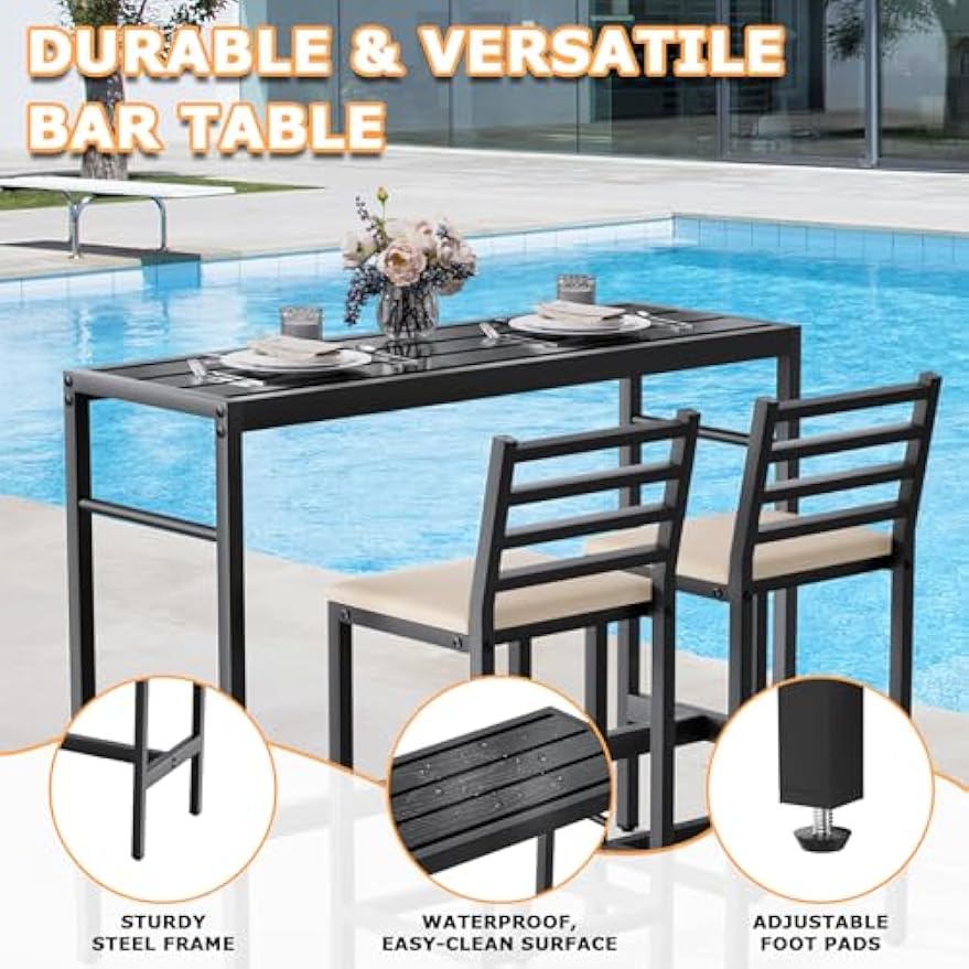 Outdoor Patio Bar Set – 3 PCS High Top Pub Table with 2 Cushioned Chairs, Metal Bar Table and Chairs Set for Balcony, Backyard, or Porch Relaxation