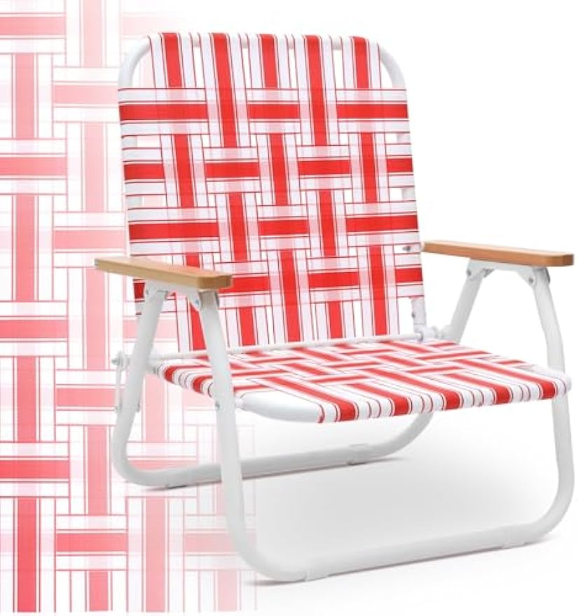 Sekey Camping Chair, Beach Chair for Adults with Highback, Folding Lawn Chair with Webbed Airflow Mesh, Patio Chair with Rust-Proof Coating, Webbed Lawn Chair for Outdoor, Fishing, Backyard, Red