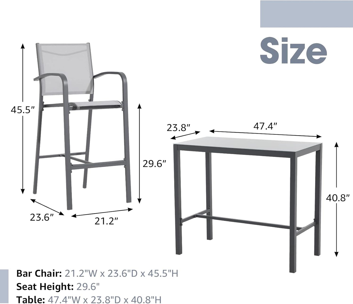 OC Orange-Casual 5-Piece Patio Bar Set, All-Weather Aluminum Textile Fabric Outdoor High Top Dining Table and Chairs, 4 Metal Bar Height Stools with Glass Top Bar Table, for Porch, Garden, Dark Grey