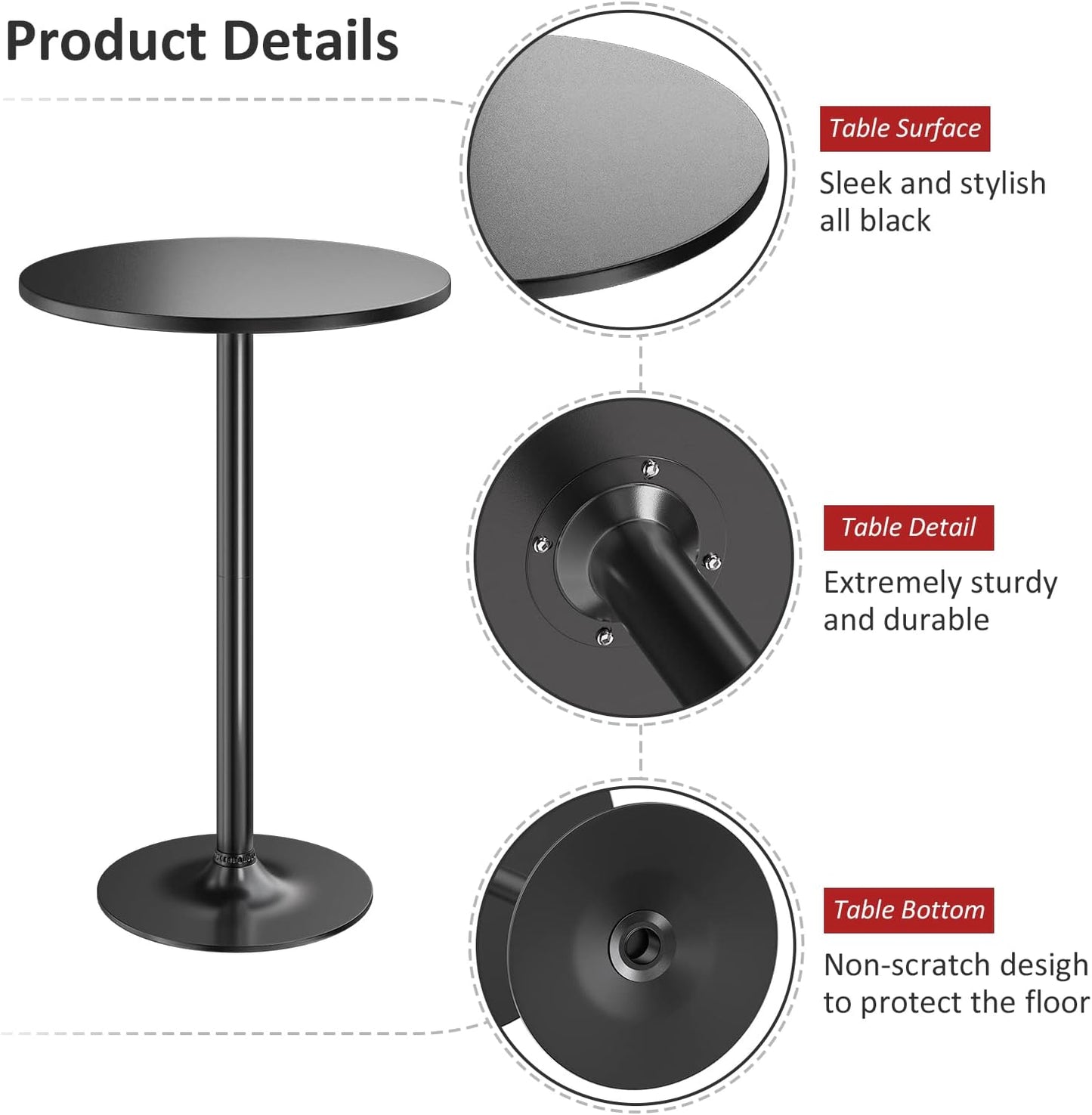 Furmax Bistro Pub Table 2 Pack Round Bar Height Cocktail Table Metal Base MDF Top Obsidian with Black Leg 23.8-Inch Top, 39.5-Inch Height (Black)