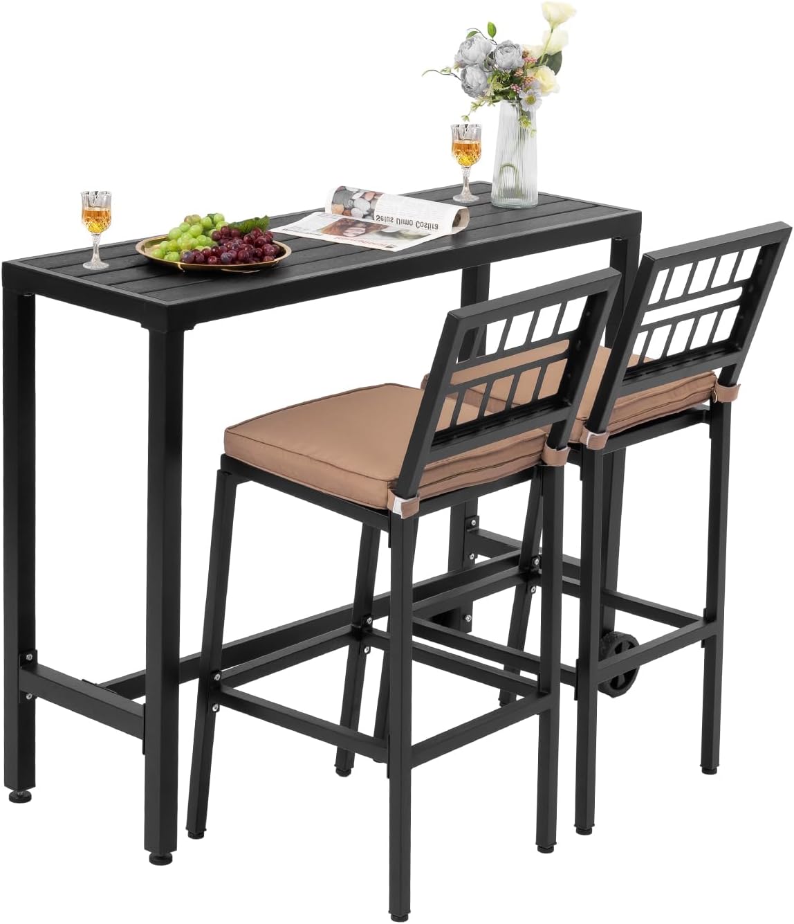Patio Bar Dining Set,Outdoor Durable Bar Height Table & Cushioned Bar Stools, Metal Bar Table and Chairs Set for Balcony, Backyard, Porch, Poolside (3pcs with 63" Rattan Table)
