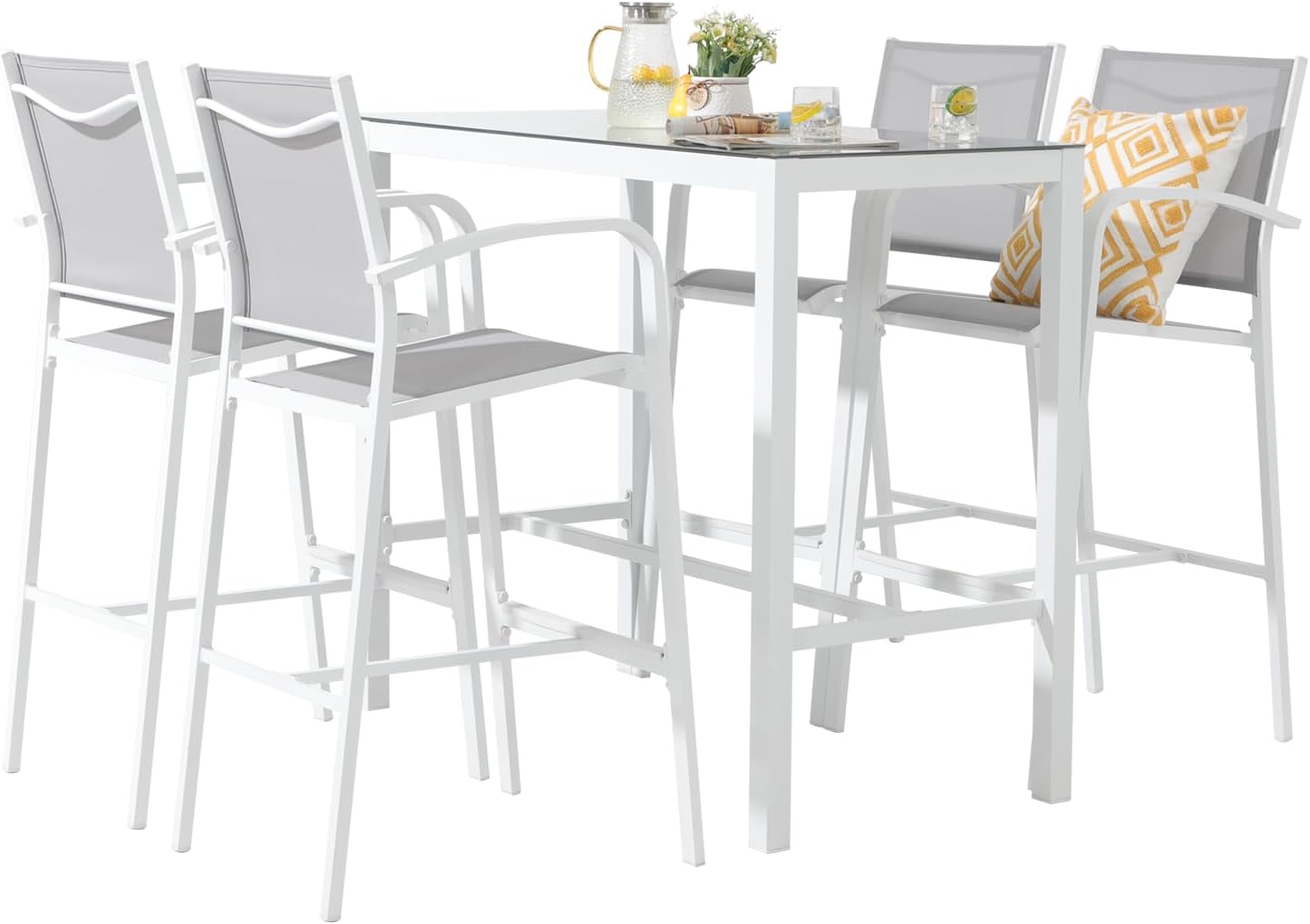 OC Orange-Casual 5-Piece Patio Bar Set, All-Weather Aluminum Textile Fabric Outdoor High Top Dining Table and Chairs, 4 Metal Bar Height Stools with Glass Top Bar Table, for Porch, Garden, Dark Grey