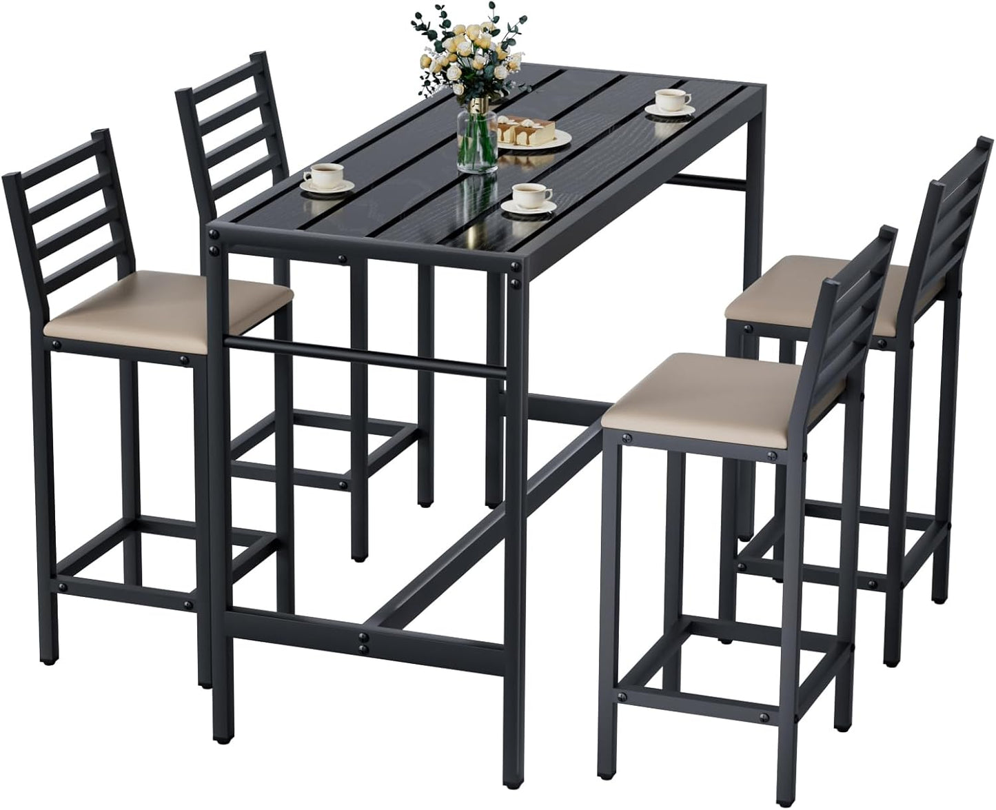 5 Piece Outdoor Patio Bar Set, 54.7" Rectangular Counter Height High Top Bar Tables, 4 Cushioned 41" Bar Stools, Metal Bar Table and Chairs Set for Poolside, Balcony, Backyard, Porch