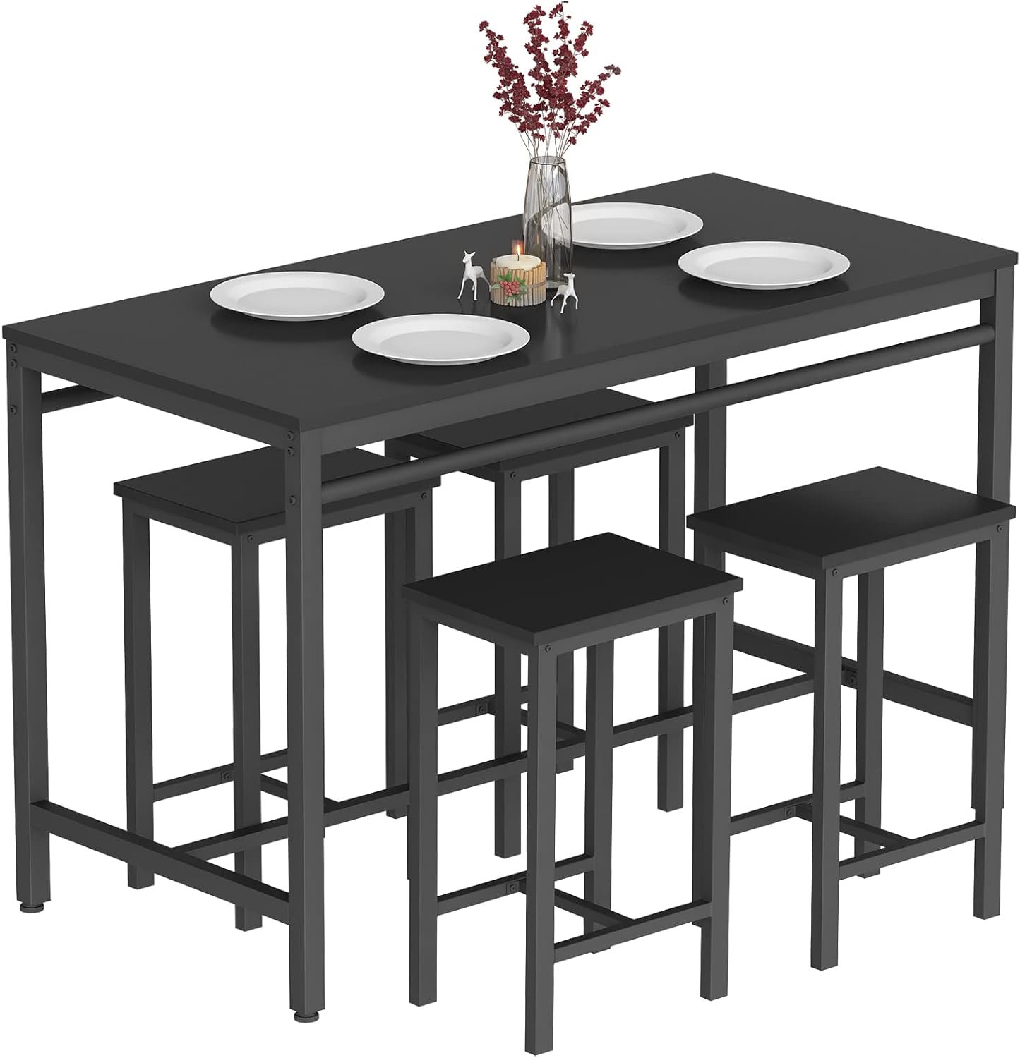 AWQM 5 Piece Bar Table Set, Modern Counter Height Dining Table and Chairs Set for 4, Wood Kitchen Table and 4 Bar Stools for Small Spaces, Apartment, Pub, Dining Room (Black)