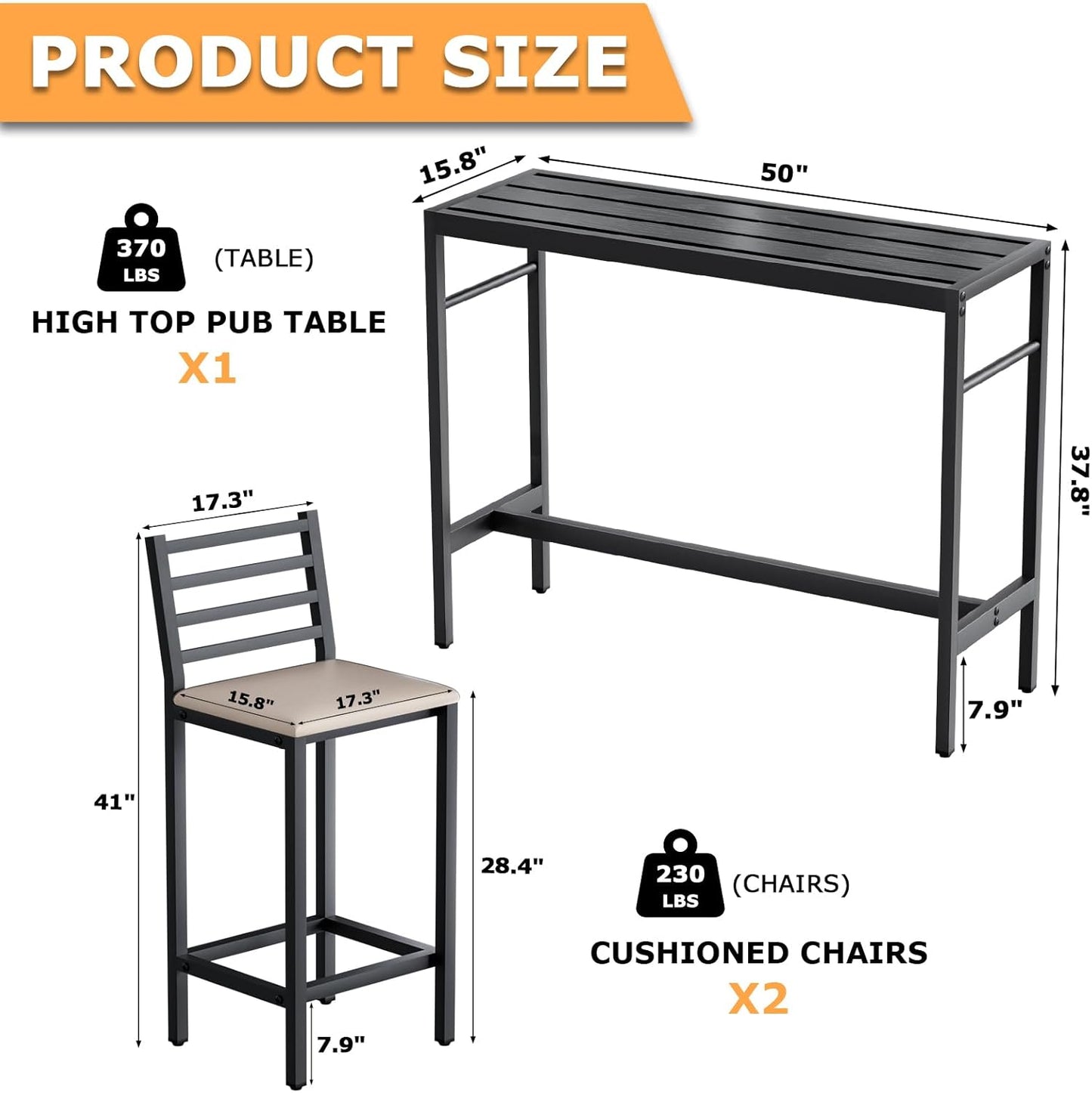 3PCS Outdoor Patio Bar Set, Outdoor Stainless Steel Patio Bar Set with 55'' Height Bar Table & 2 Cushioned Bar Set, Metal Bar Table and Chairs Set for Outside, Patio,Backyard (50''L x 16''W x 38''H)