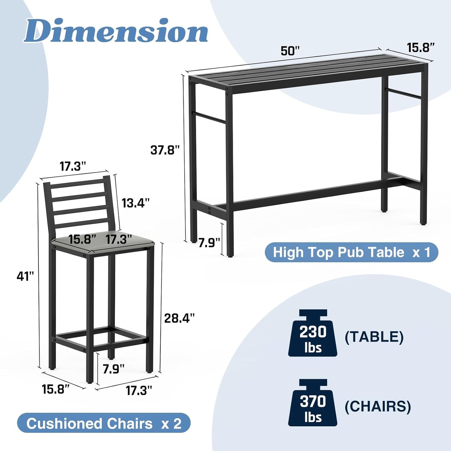 3 Pcs Outdoor Patio Bar Set, Outdoor Stainless Steel Patio Bar Set with 55'' Height Bar Table & 2 Cushioned Bar Table, Metal Bar Table and Chairs Set for Outside, Patio, Balcony, Backyard, Porch, Deck