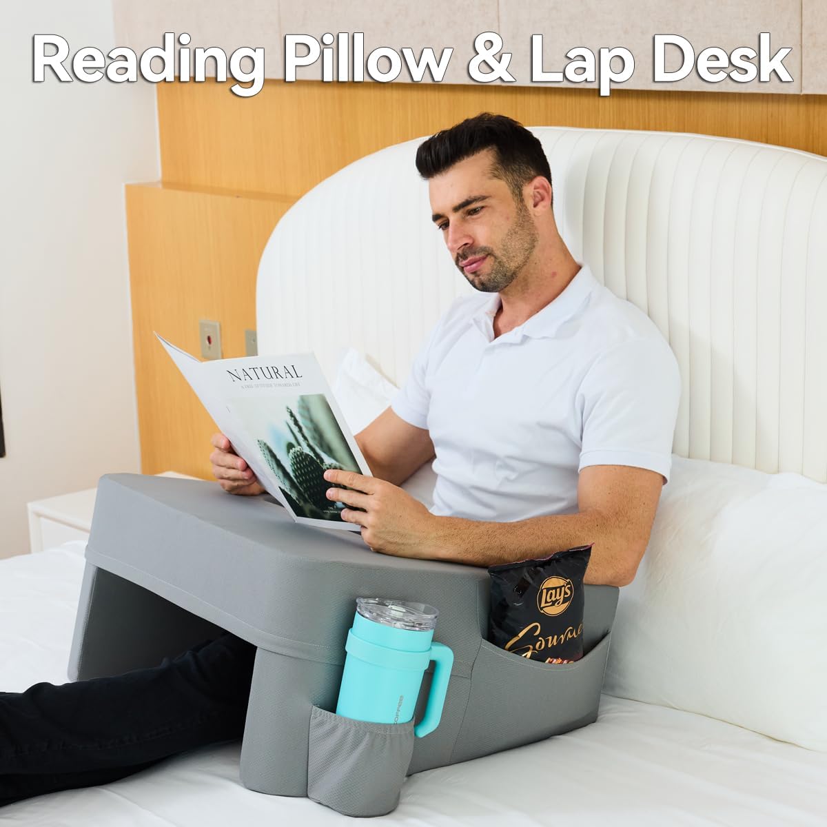 Reading Pillow for Gaming,Soft Lap Desk Pillow for Laptop,Ultimate Lap Pillow with Cup Holder Pocket,Comfort Laptop Lap Desk for Bed Couch Car (Gray, Large)