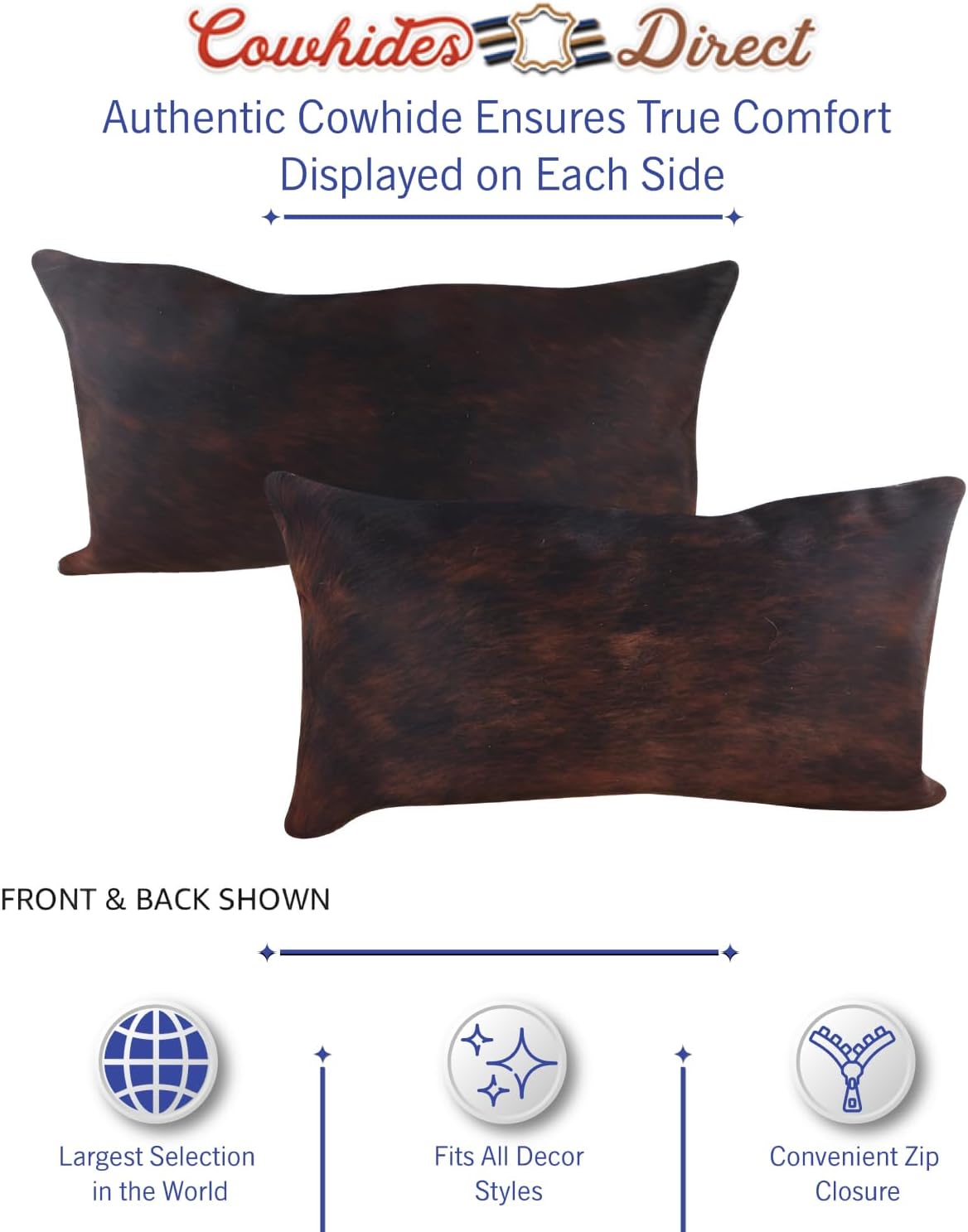Cowhides Direct Genuine Cowhide Throw Pillow (Dark Brindle, 22x12) - Authentic Brazilian Cowhide Pillow Cover with Plush Inserts - Luxury Cow Fur Pillow for Home Décor