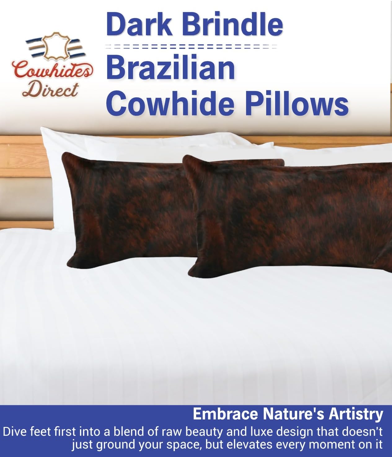 Cowhides Direct Genuine Cowhide Throw Pillow (Dark Brindle, 22x12) - Authentic Brazilian Cowhide Pillow Cover with Plush Inserts - Luxury Cow Fur Pillow for Home Décor