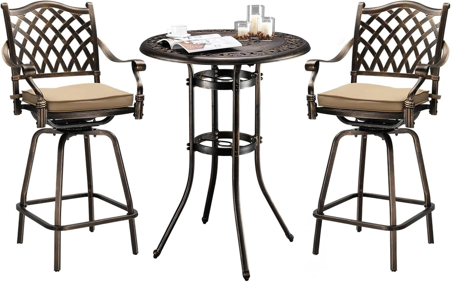 VINGLI 3 Piece Outdoor Patio Bar Set, Cast Aluminum Outdoor Swivel Bar Stools and Table w/Umberlla Hole, All-Weather Outdoor Bar Table and Chairs High Top Bistro Set w/Cushions (Grid Back)