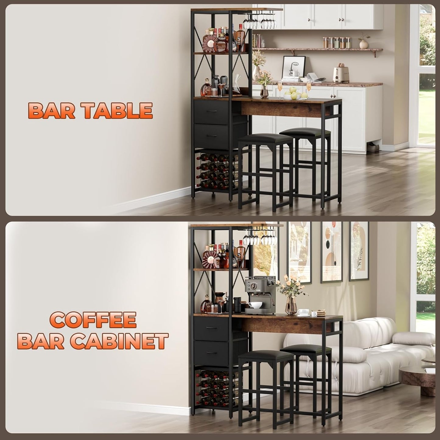 6-Tier Bar Table and Chairs Set, Metal Coffee Bar with Storage Shelves and 2 Fabric Drawers, Dining Table Cup Holder & Wine Rack, Kitchen Table Set with PU Leather Cushion Stools for Small Space