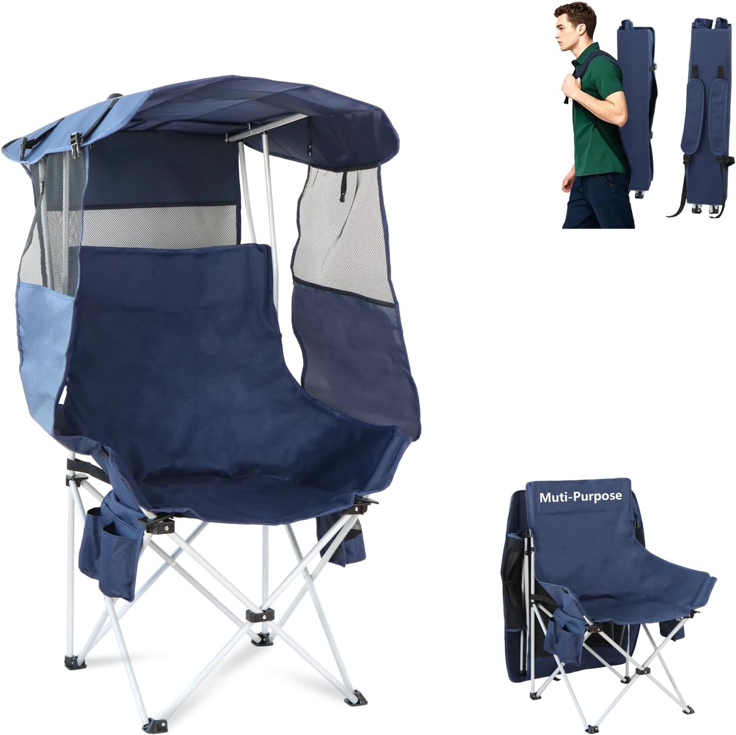 Folding Camping Chairs Canopy Outdoor: Sports Portable Beach Chair with Canopy-Lawn Beach Chairs with Umbrella for Adults-Camping Chair with Shade for Fishing Camp Heavy Duty (Regular, Grey)