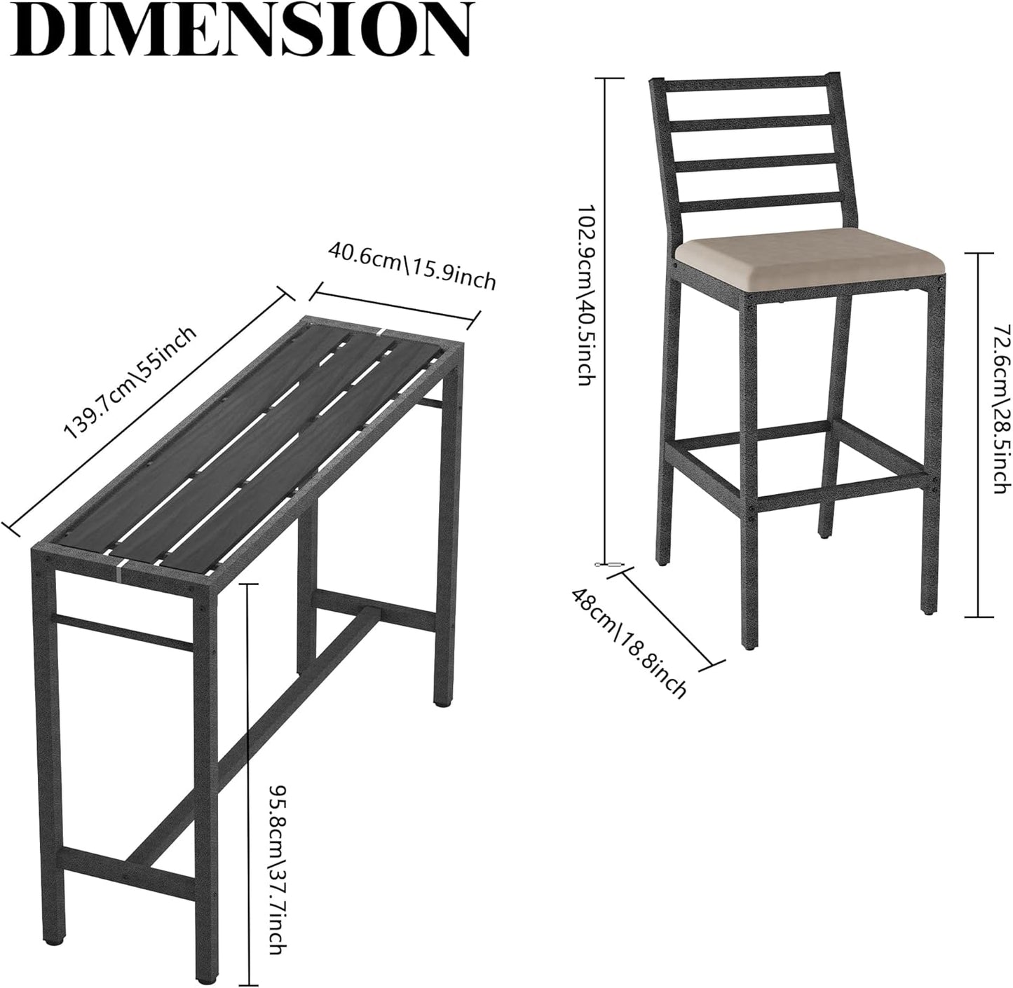 3Pcs Outdoor Patio Bar Set, 55" Rectangular Pub Height High Top Bar Table with 2 Cushioned Bar Stools & Cover, Metal Bar Table and Chairs Set for Outside, Patio, Balcony, Backyard, Porch, Deck