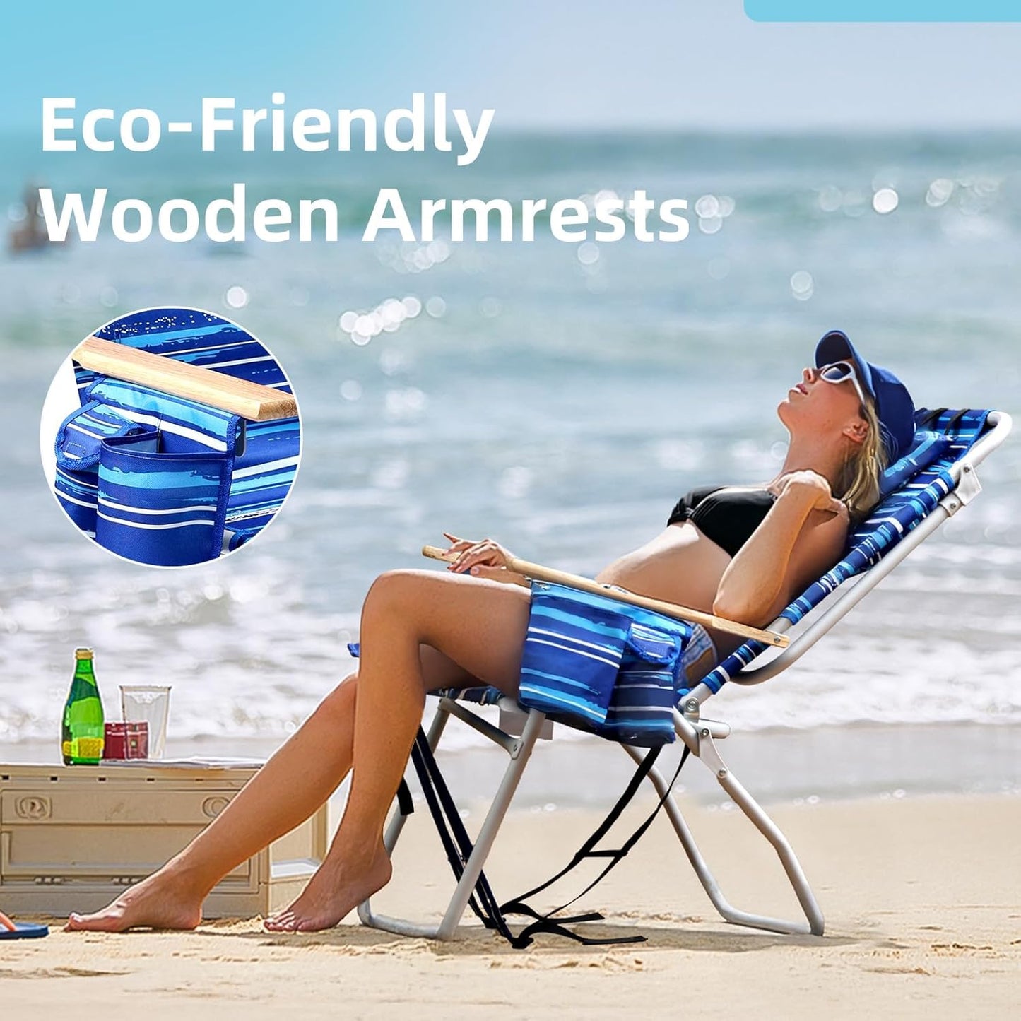 Tall Beach Chairs for Adults, 17" High Backpack Beach Chair with Wooden Armrests, 5 Positions Reclining Heavy Duty Chair with Large Cooler Pouch, Support to 350LBS Striped Blue,1pack