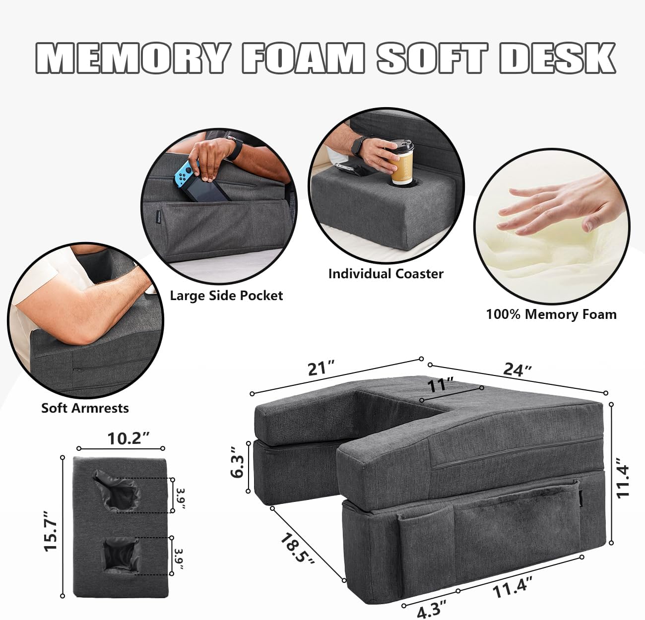 Lap Desk Pillow for Laptop, Large Reading Pillow for Adult, Arm Rest Pillow with Cup Holder, Memory Foam Bed Desk for Working, Gaming, Reading, Laptop Desk for Couch Bed Floor(Grey)