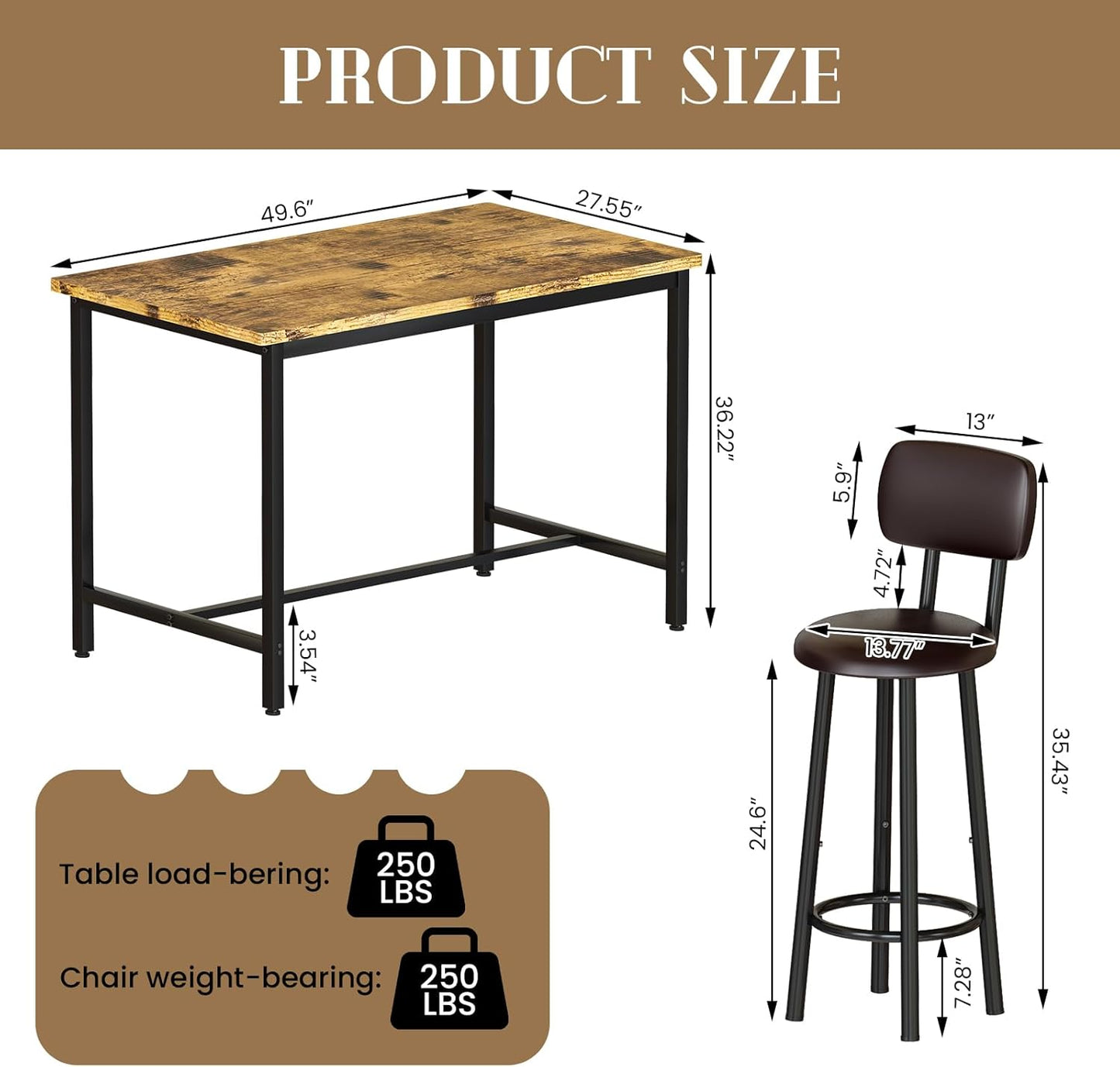 DKLGG 7-Piece Dining Table Set, 50" Bar Table Set for 6 with MDF & Metal Frame, Tall Dining with 6 PU Leather Chairs, Saving Space Pub and Chairs Sets for Bar, Kitchen, Brown