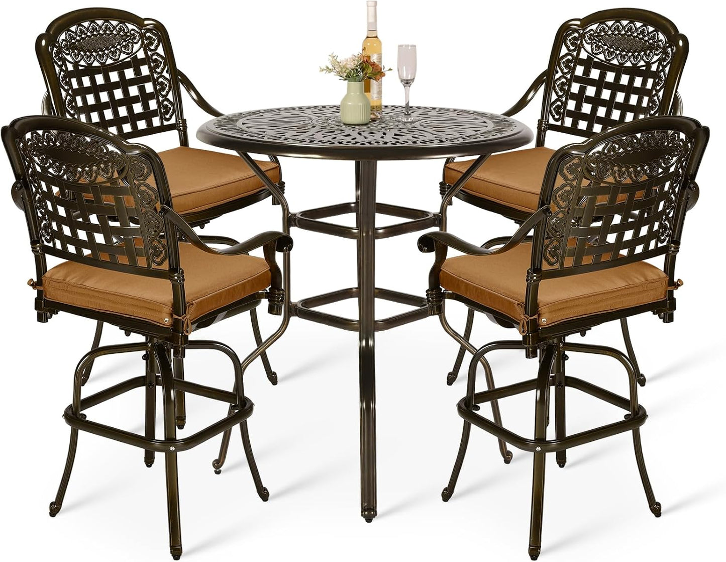 VIVIJASON 10-Piece High Patio Dining Set, All Weather Cast Aluminum Outdoor Bar Table and Chairs Set, Includes 8 Swivel Bar Stools & 64" Bar Height Dining Table with 35.5" Lazy Susan, Umbrella Hole