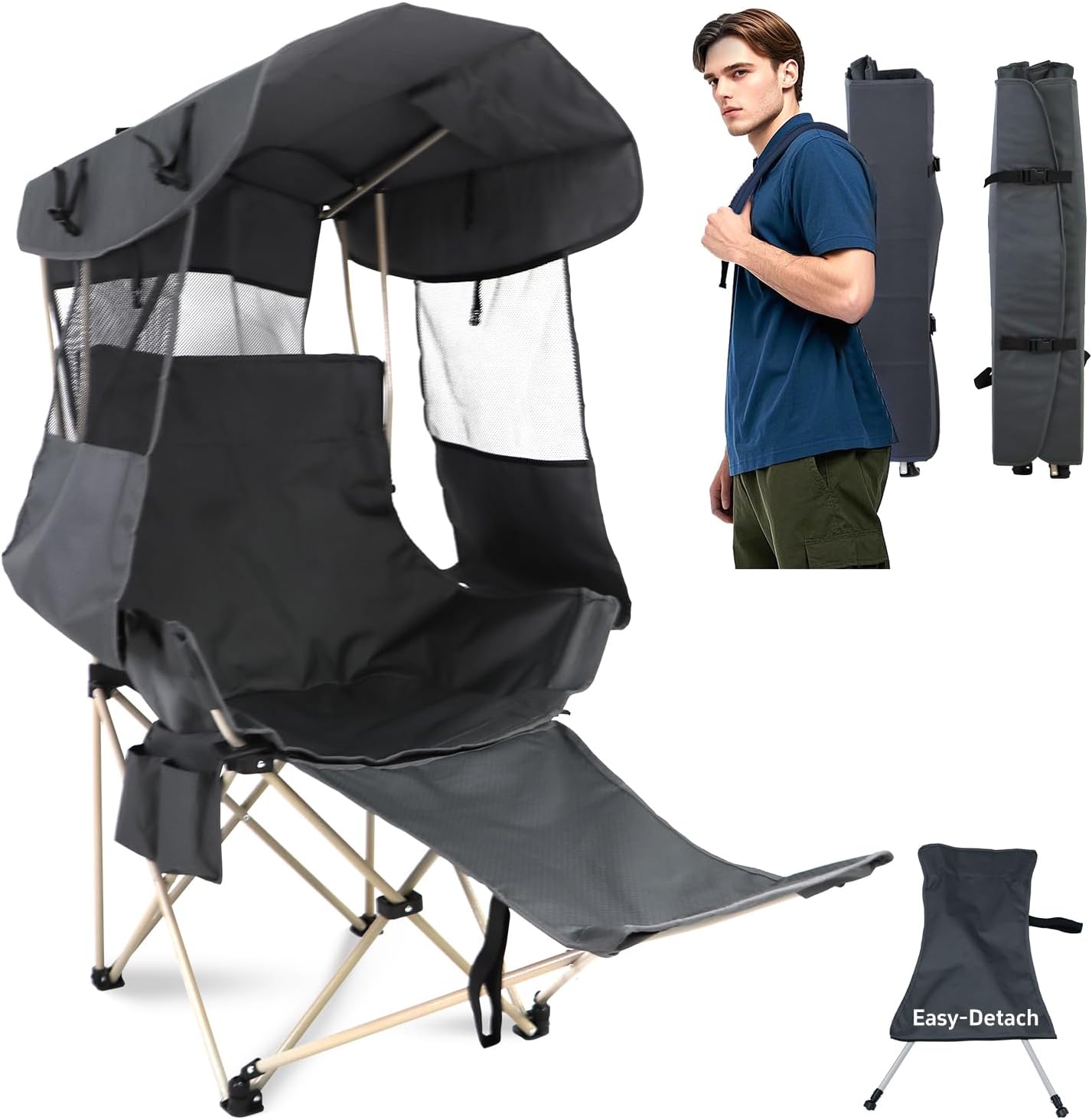 Folding Camping Chairs Canopy Outdoor: Sports Portable Beach Chair with Canopy-Lawn Beach Chairs with Umbrella for Adults-Camping Chair with Shade for Fishing Camp Heavy Duty (Regular, Grey)