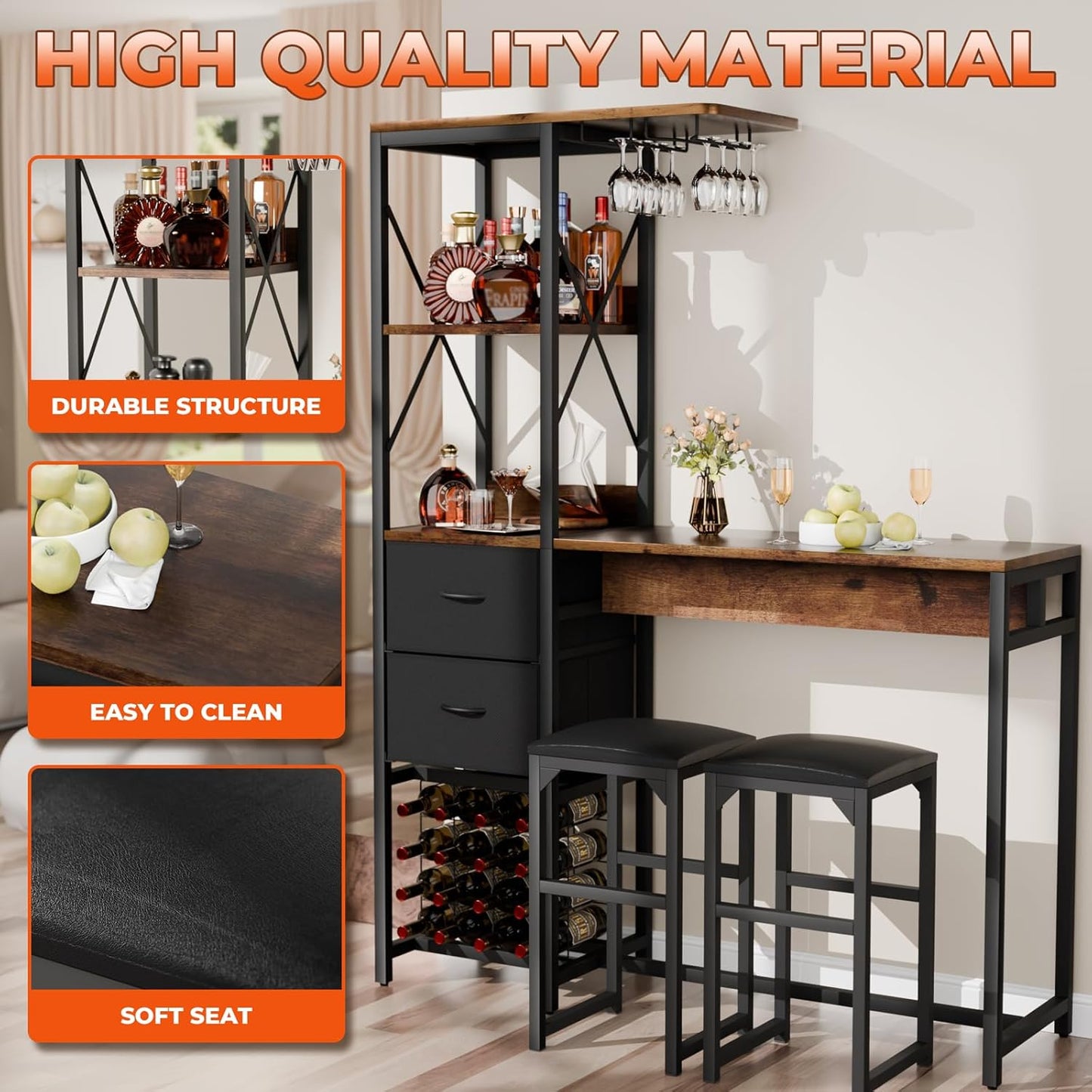 6-Tier Bar Table and Chairs Set, Metal Coffee Bar with Storage Shelves and 2 Fabric Drawers, Dining Table Cup Holder & Wine Rack, Kitchen Table Set with PU Leather Cushion Stools for Small Space
