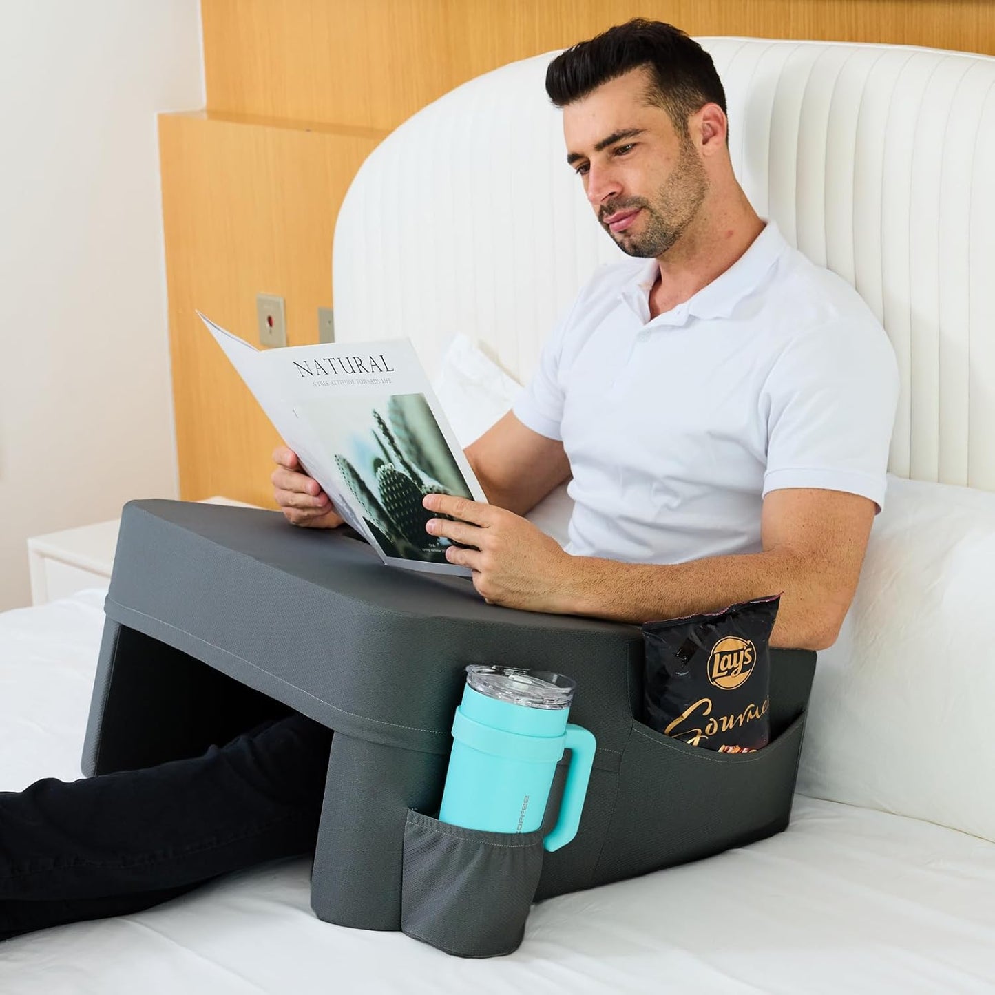 Reading Pillow for Gaming,Soft Lap Desk Pillow for Laptop,Ultimate Lap Pillow with Cup Holder Pocket,Comfort Laptop Lap Desk for Bed Couch Car (Gray, Large)