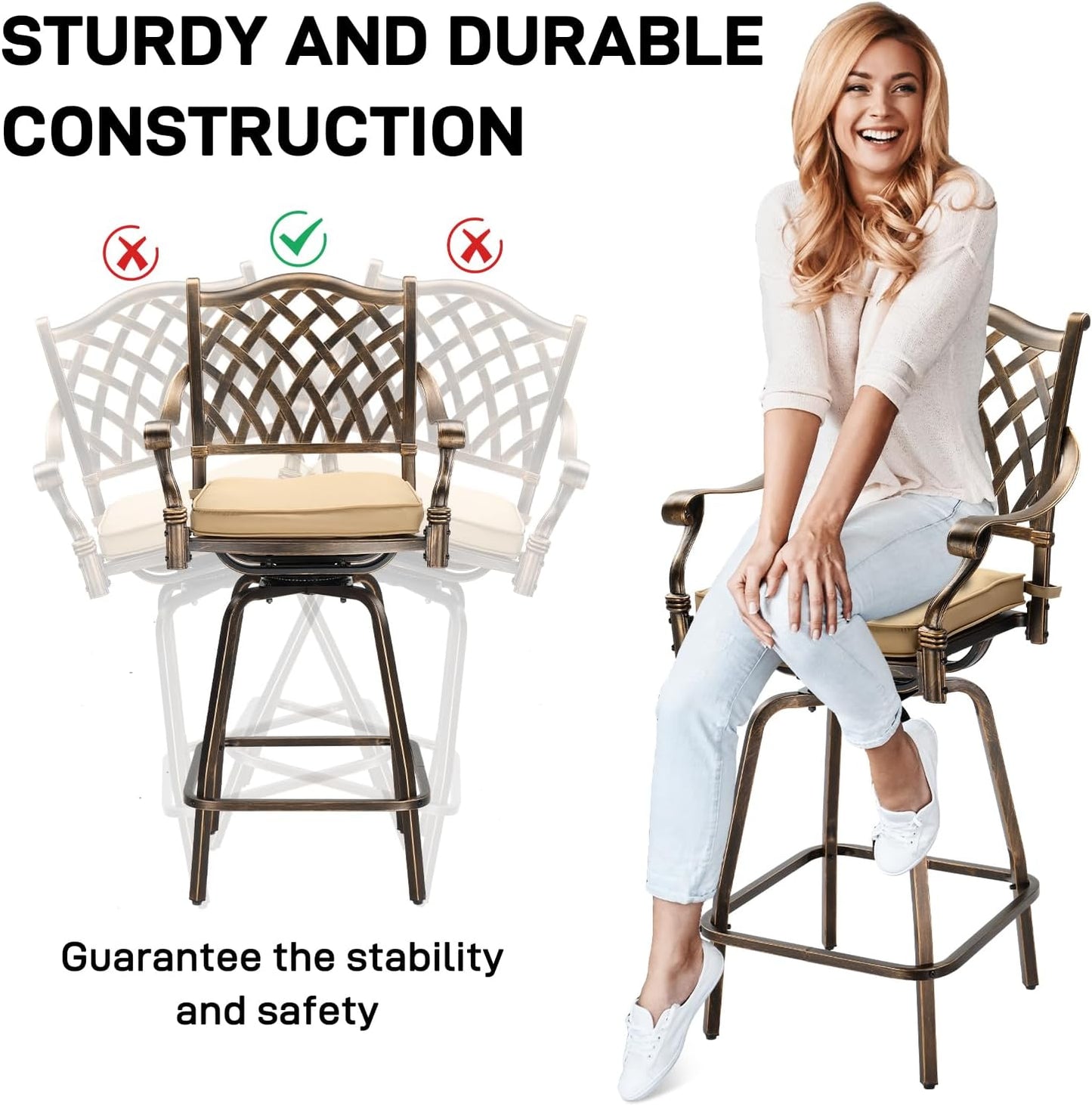 VINGLI 3 Piece Outdoor Patio Bar Set, Cast Aluminum Outdoor Swivel Bar Stools and Table w/Umberlla Hole, All-Weather Outdoor Bar Table and Chairs High Top Bistro Set w/Cushions (Grid Back)