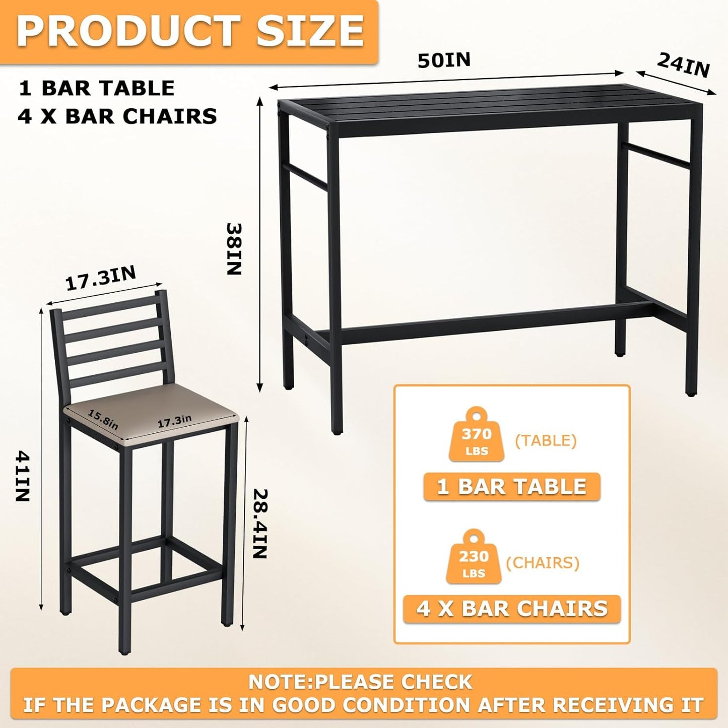 5 Piece Outdoor Patio Bar Set, 54.7" Rectangular Counter Height High Top Bar Tables, 4 Cushioned 41" Bar Stools, Metal Bar Table and Chairs Set for Poolside, Balcony, Backyard, Porch