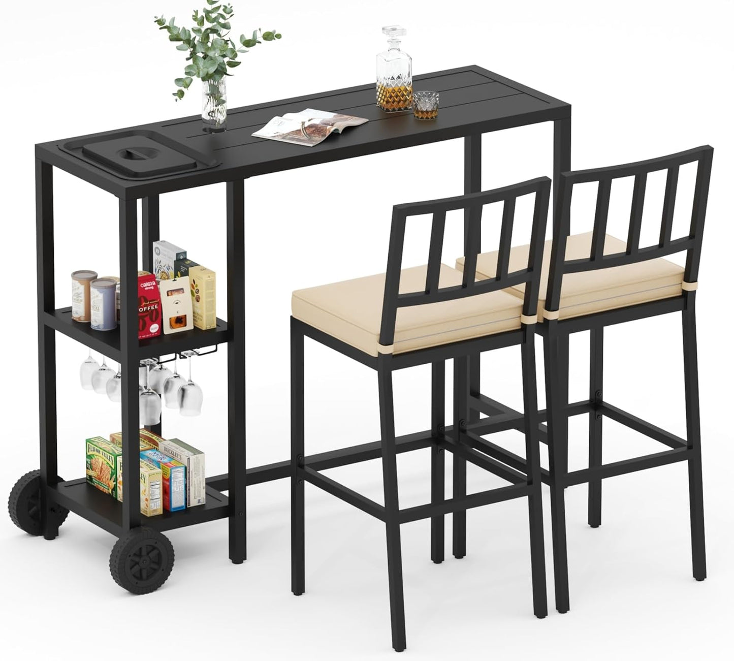 6 Piece Outdoor Patio Bar Set, 2 PCS 47" Rectangular Counter Height High Top Bar Tables with Wheels, 4 Cushioned Bar Stools, Metal Bar Table and Chairs Set for Balcony, Backyard, Porch