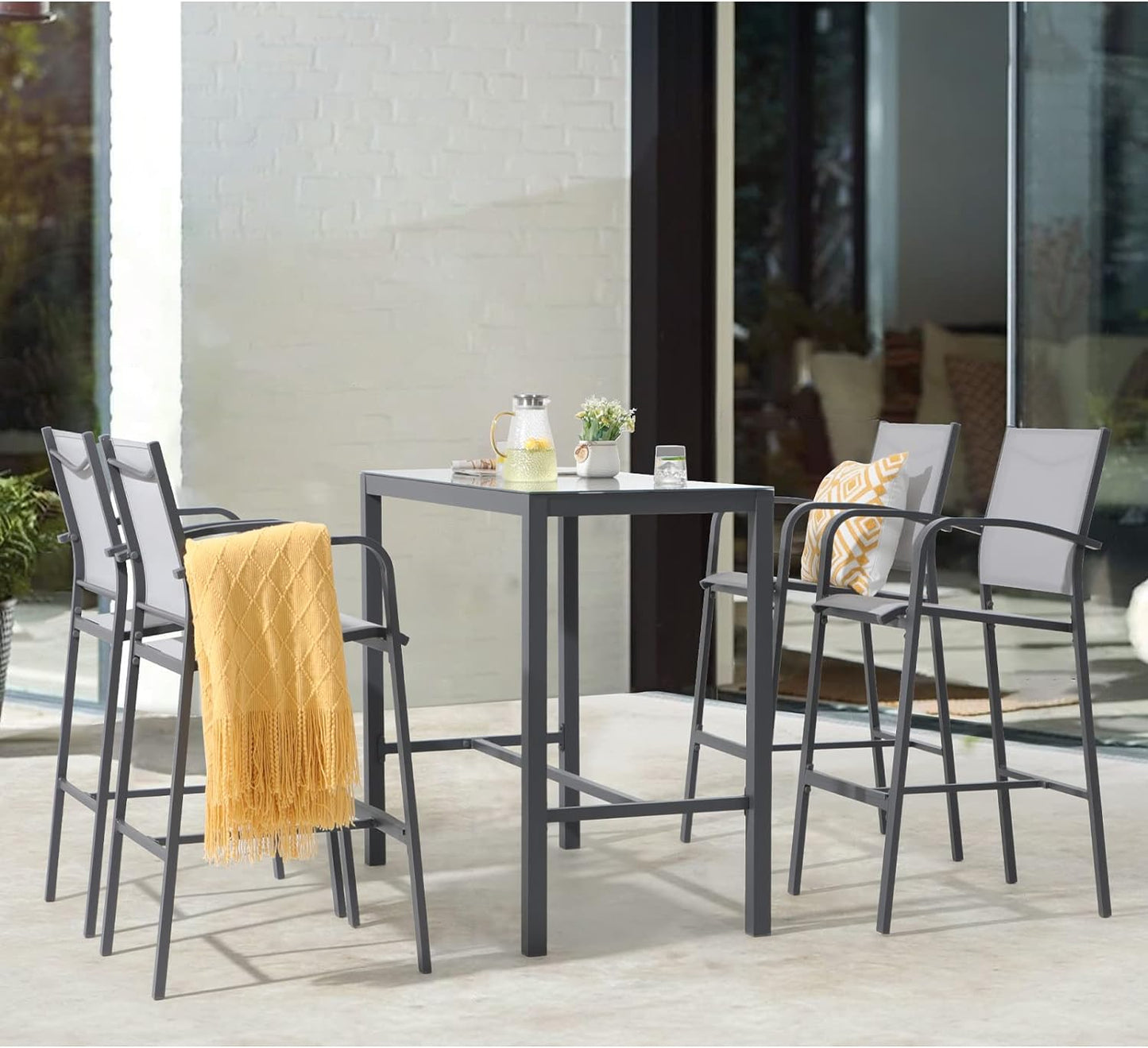 OC Orange-Casual 5-Piece Patio Bar Set, All-Weather Aluminum Textile Fabric Outdoor High Top Dining Table and Chairs, 4 Metal Bar Height Stools with Glass Top Bar Table, for Porch, Garden, Dark Grey