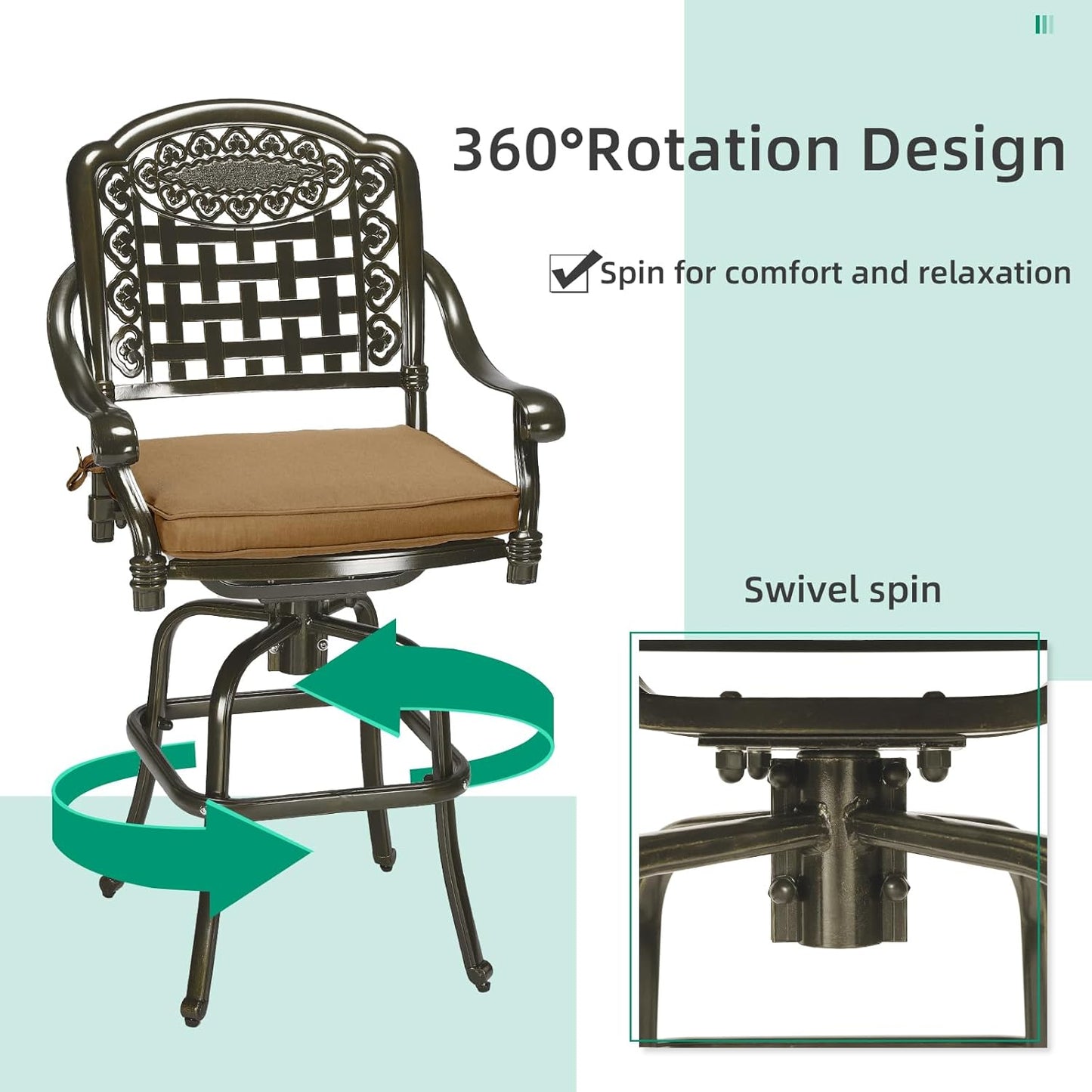 VIVIJASON 10-Piece High Patio Dining Set, All Weather Cast Aluminum Outdoor Bar Table and Chairs Set, Includes 8 Swivel Bar Stools & 64" Bar Height Dining Table with 35.5" Lazy Susan, Umbrella Hole