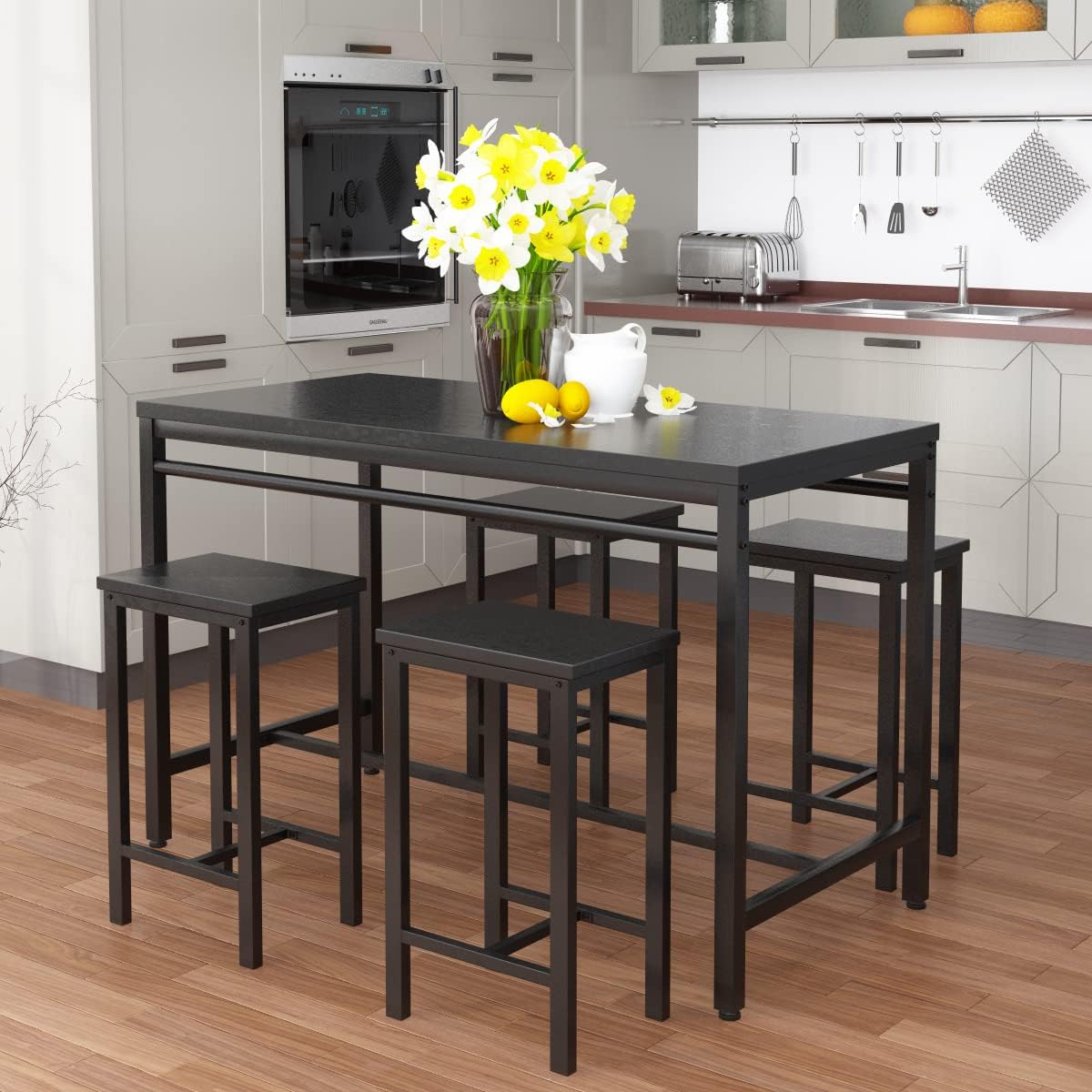 AWQM 5 Piece Bar Table Set, Modern Counter Height Dining Table and Chairs Set for 4, Wood Kitchen Table and 4 Bar Stools for Small Spaces, Apartment, Pub, Dining Room (Black)