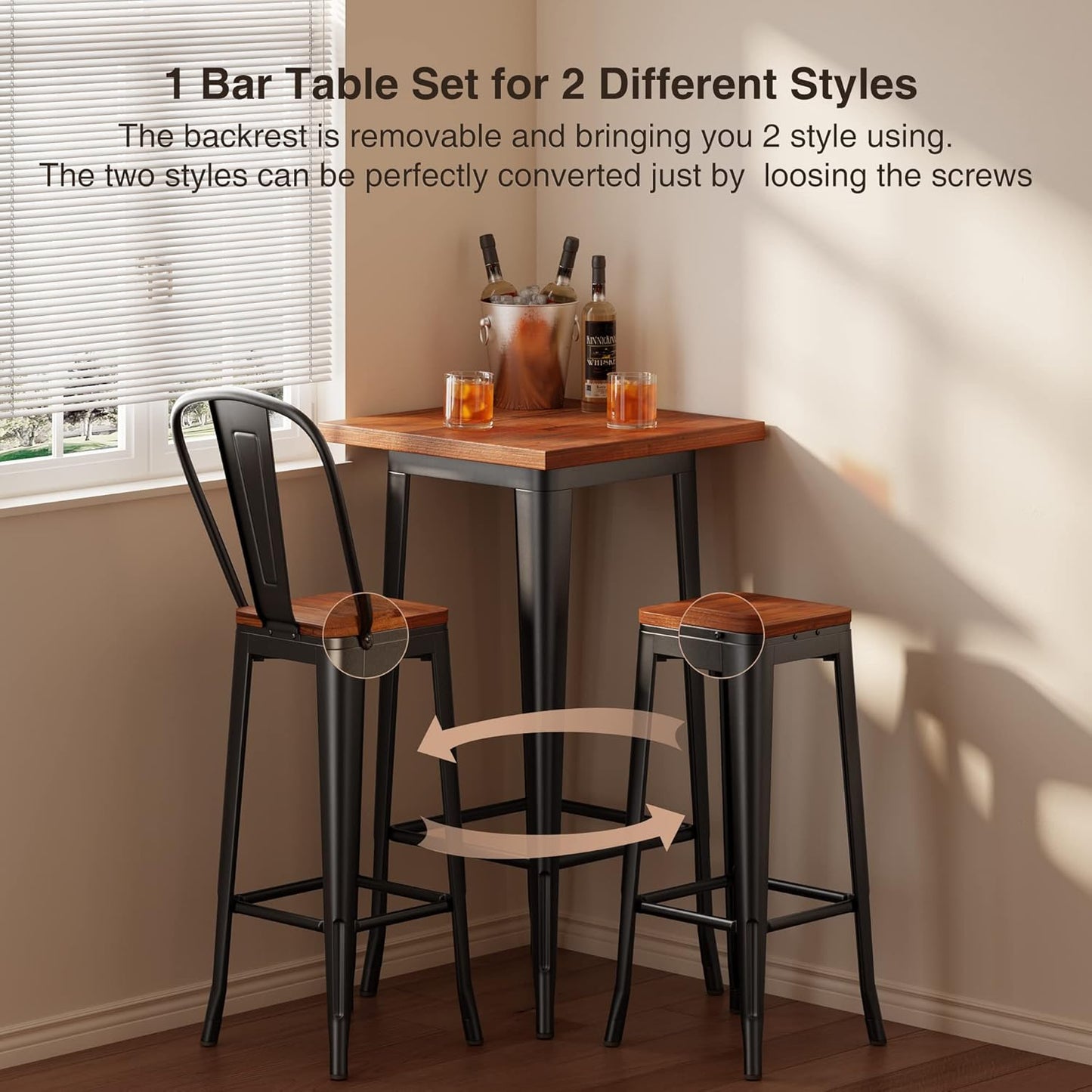 Aiho Bar Table and Chairs Set, Pub Table and Chairs Set of 2, with Elm Solid Wood and Thickened Metal Frame, for Bar, Small Space, Bistro Cafe