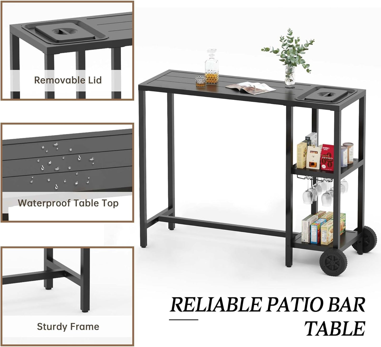 6 Piece Outdoor Patio Bar Set, 2 PCS 47" Rectangular Counter Height High Top Bar Tables with Wheels, 4 Cushioned Bar Stools, Metal Bar Table and Chairs Set for Balcony, Backyard, Porch