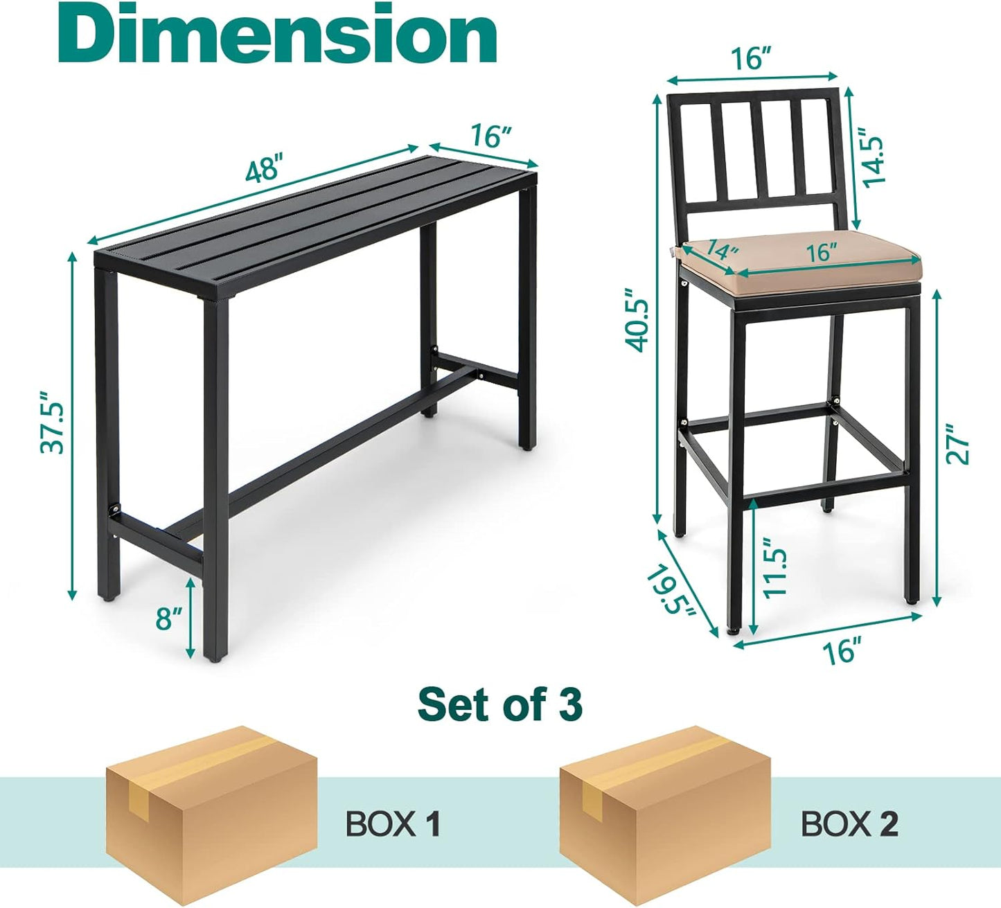 COSTWAY 3 Piece Outdoor Patio Bar Set, 48" Rectangular Pub Height High Top Bar Table with 2 Cushioned Bar Stools, Metal Bar Table and Chairs Set for Balcony, Backyard, Porch