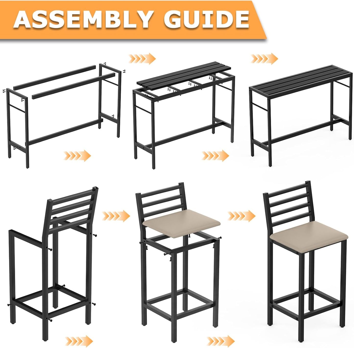 3PCS Outdoor Patio Bar Set, Outdoor Stainless Steel Patio Bar Set with 55'' Height Bar Table & 2 Cushioned Bar Set, Metal Bar Table and Chairs Set for Outside, Patio,Backyard (50''L x 16''W x 38''H)
