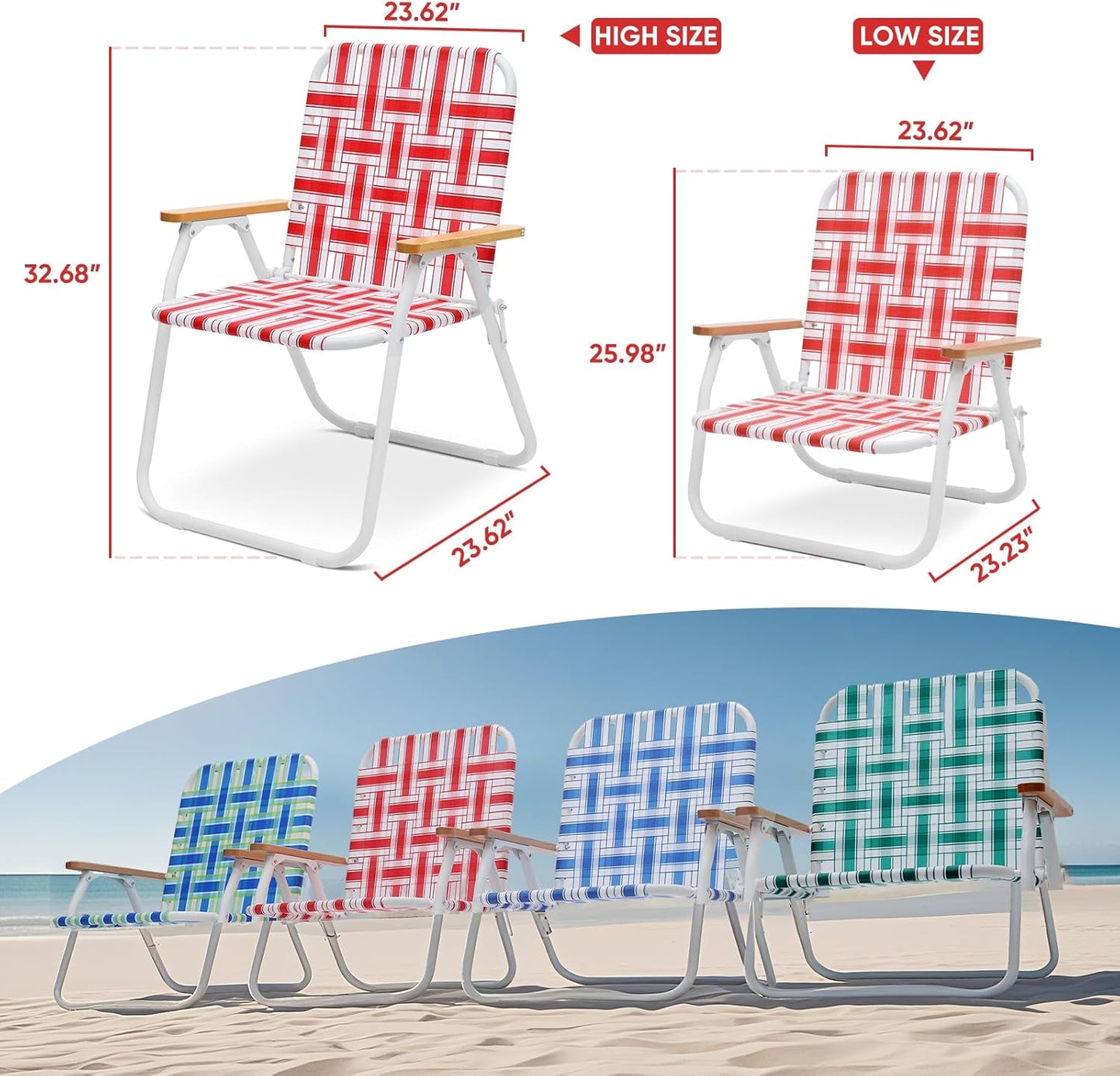 Sekey Camping Chair, Beach Chair for Adults with Highback, Folding Lawn Chair with Webbed Airflow Mesh, Patio Chair with Rust-Proof Coating, Webbed Lawn Chair for Outdoor, Fishing, Backyard, Red