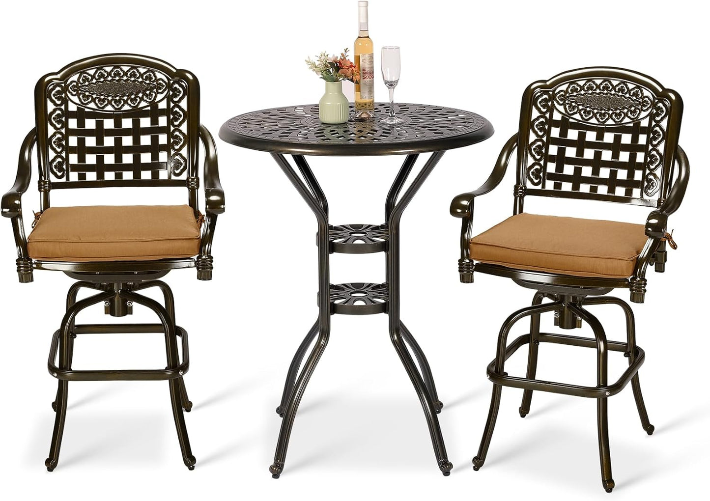 VIVIJASON 10-Piece High Patio Dining Set, All Weather Cast Aluminum Outdoor Bar Table and Chairs Set, Includes 8 Swivel Bar Stools & 64" Bar Height Dining Table with 35.5" Lazy Susan, Umbrella Hole