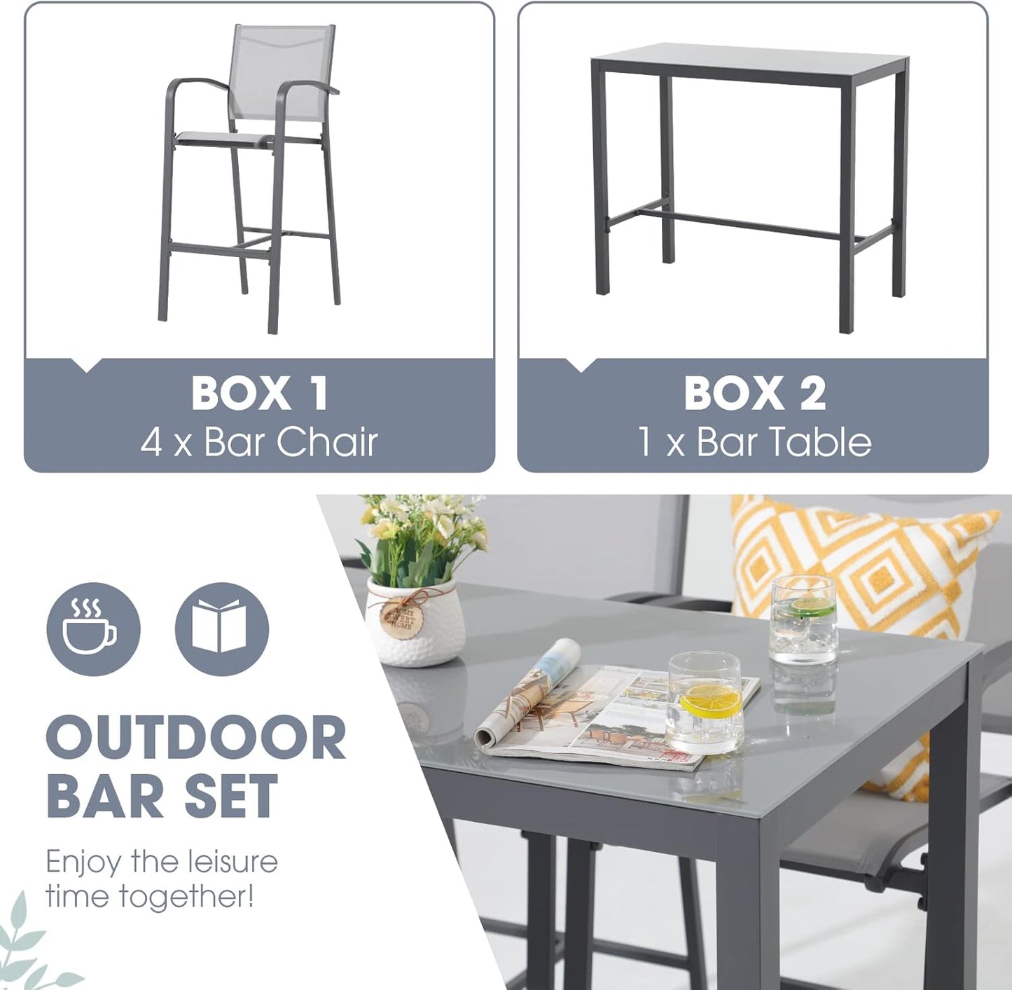 OC Orange-Casual 5-Piece Patio Bar Set, All-Weather Aluminum Textile Fabric Outdoor High Top Dining Table and Chairs, 4 Metal Bar Height Stools with Glass Top Bar Table, for Porch, Garden, Dark Grey