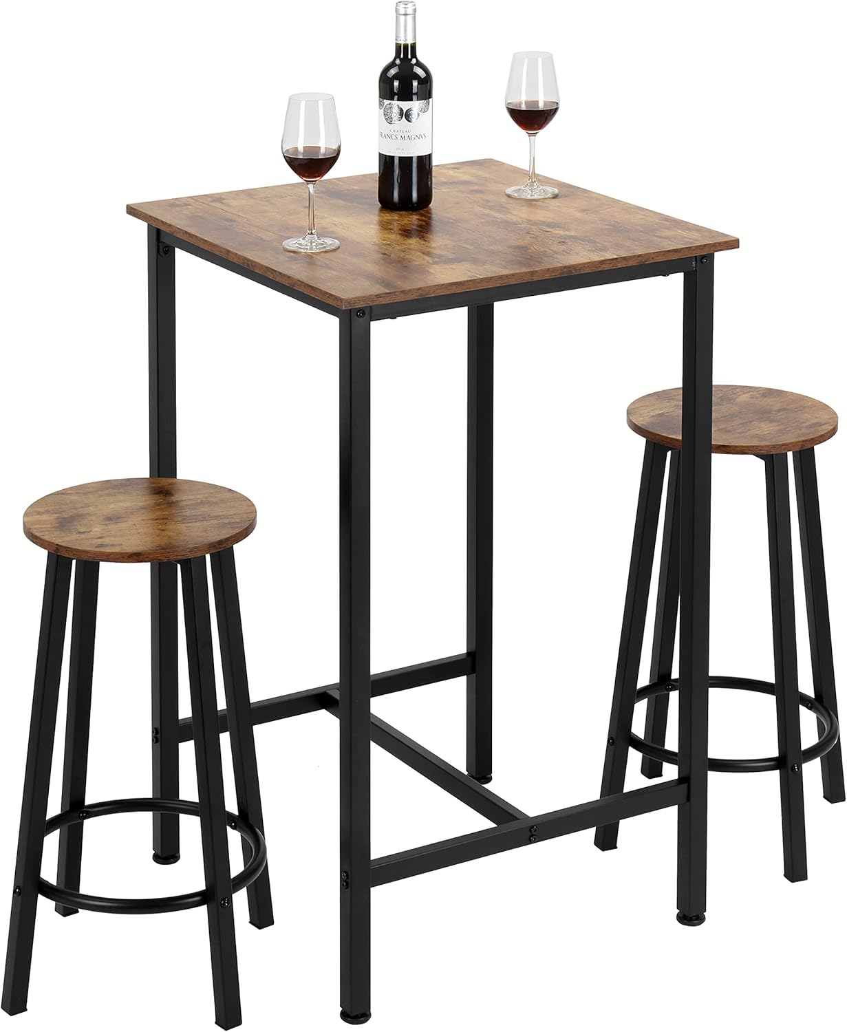 Finnhomy Bar Table Set, 23.6" Pub Table High Top Table, Square Bar Height Table, Bar Table with Stools, Small Kitchen Table Set for 2, Industrial Breakfast for Kitchen, Living Room, Rustic Black