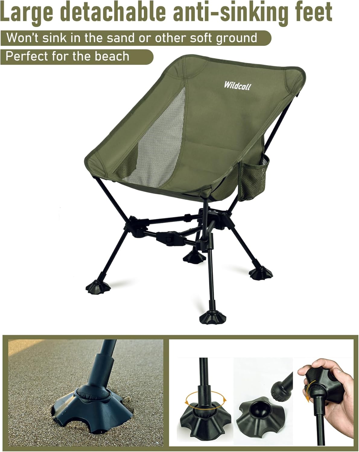 WildCall Lightweight Folding Camping Chair Compact Beach Chair with Anti-Sinking Large Feet