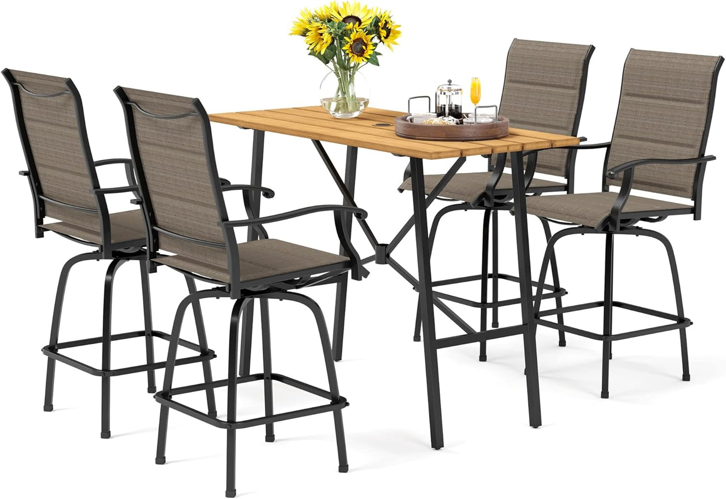 PHI VILLA 7 Piece Outdoor Bar Dining Set, High Top Patio Table and Chairs with 6 Swivel Teal Bar Stools & 40" Rectangle Metal Bar Table for Garden, Yard and Deck
