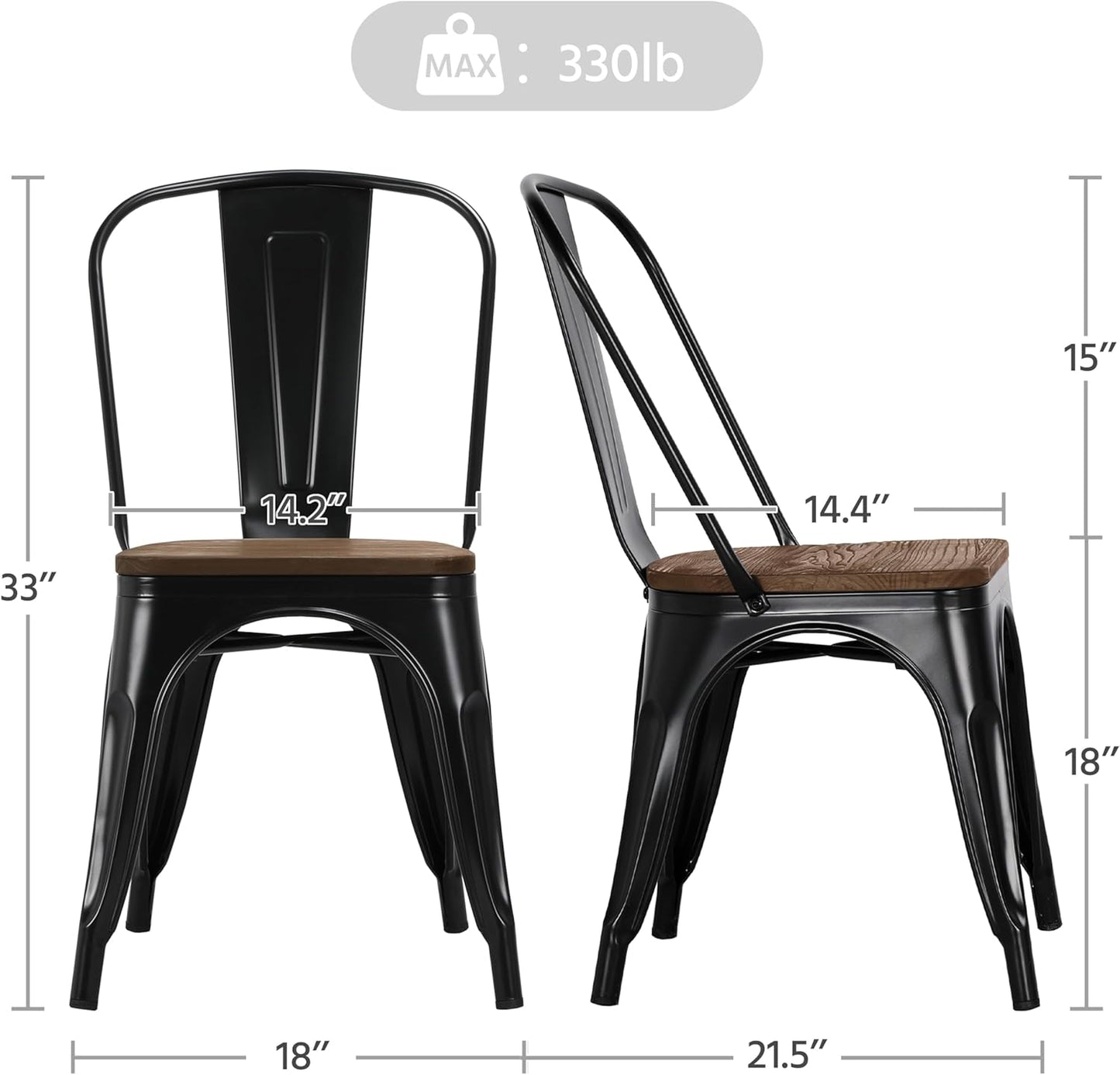 Yaheetech 18 Inch Classic Iron Metal Dining Chair with Wood Top/Seat Indoor-Outdoor Use Chic Dining Bistro Cafe Side Barstool Bar Chair Coffee Chair Set of 4 Black