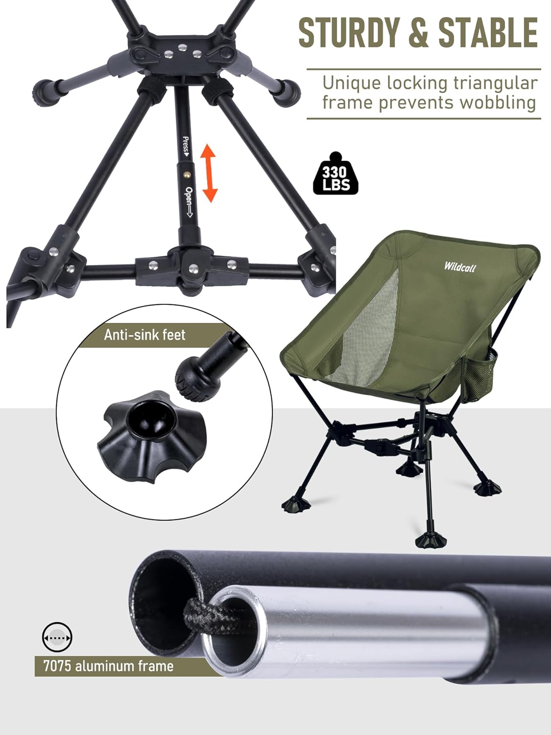 WildCall Lightweight Folding Camping Chair Compact Beach Chair with Anti-Sinking Large Feet