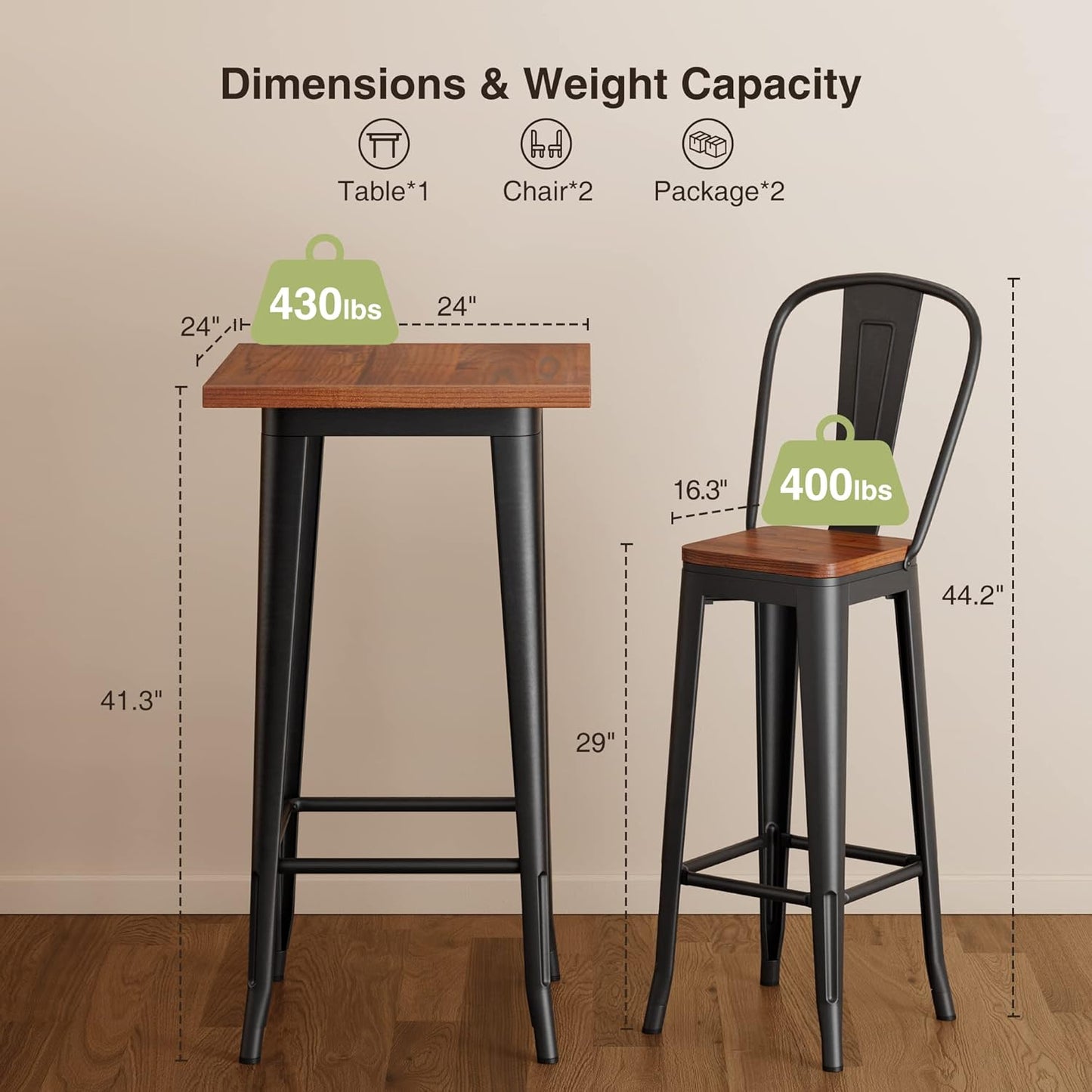 Aiho Bar Table and Chairs Set, Pub Table and Chairs Set of 2, with Elm Solid Wood and Thickened Metal Frame, for Bar, Small Space, Bistro Cafe