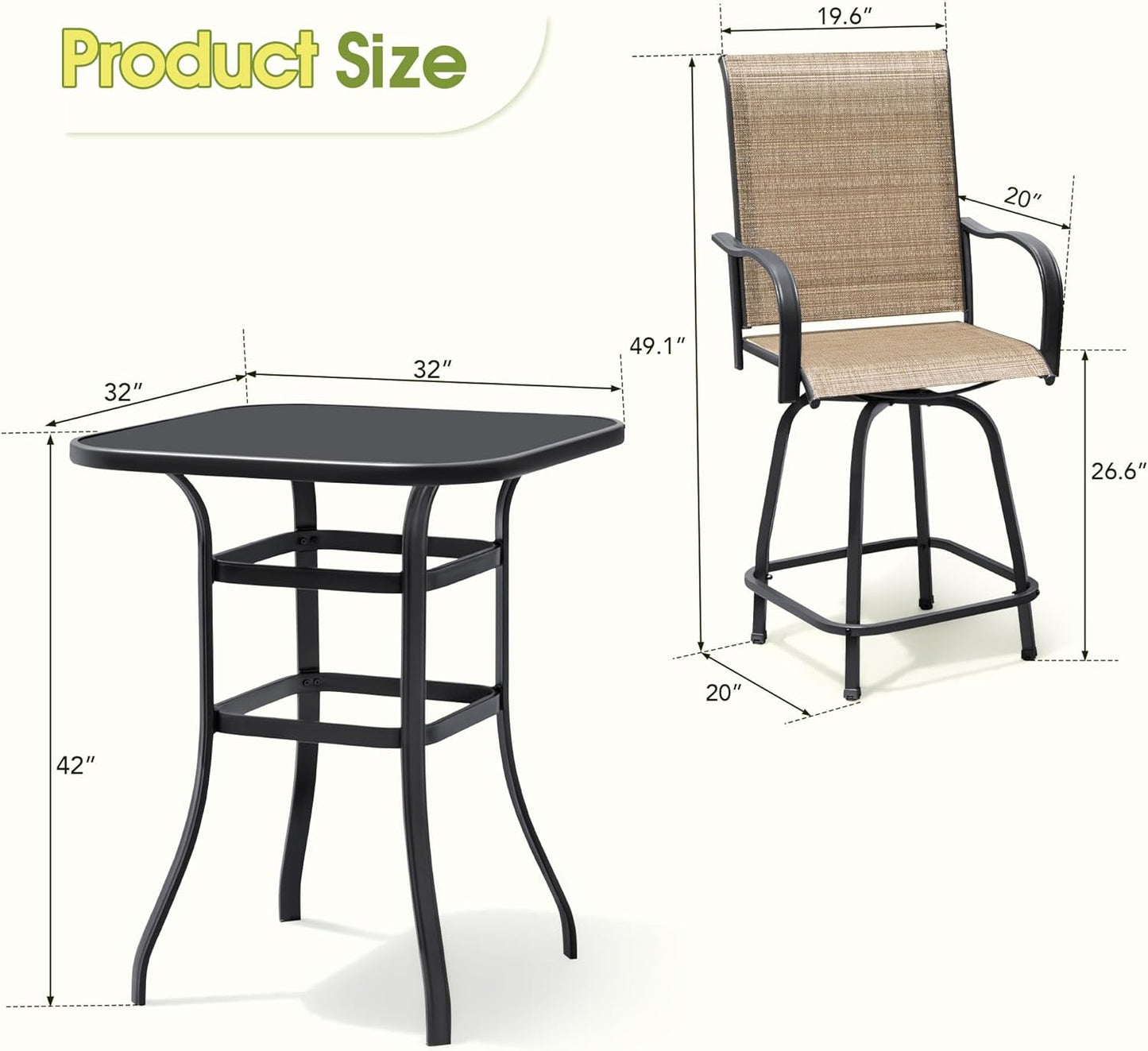 Devoko Patio Swivel Bar Set 3 Pieces Patio High Top Bar Table and Stools Chairs Set Textilene Sling Fabric Outdoor Bar Stools Set of 2 for Garden, Balcony
